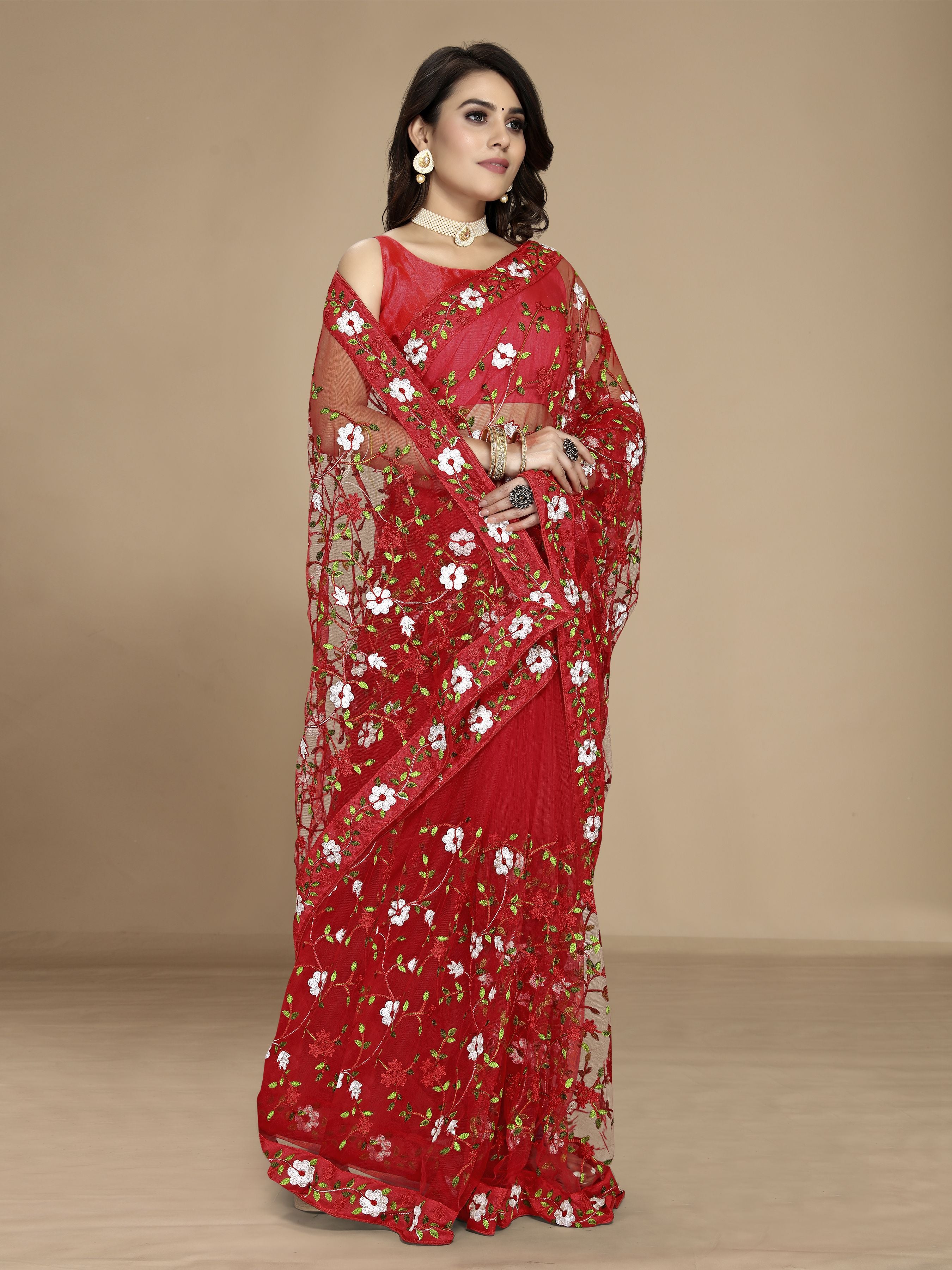 Red Soft Net Designer Multy Thread Embroidery Work Smart Partywear Saree