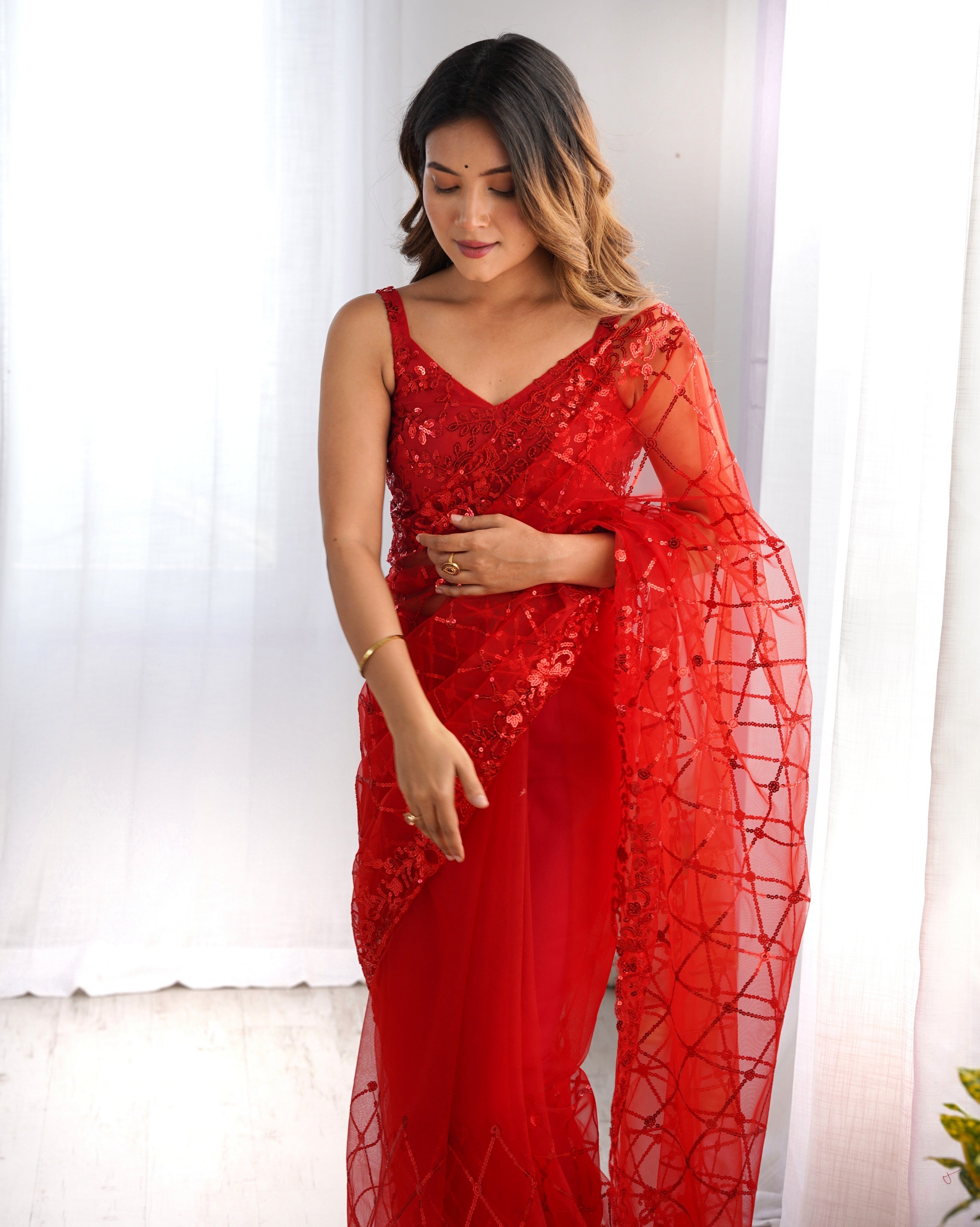 Red Soft Net Designer Sequins Embroidery Work Bollywood Style Saree