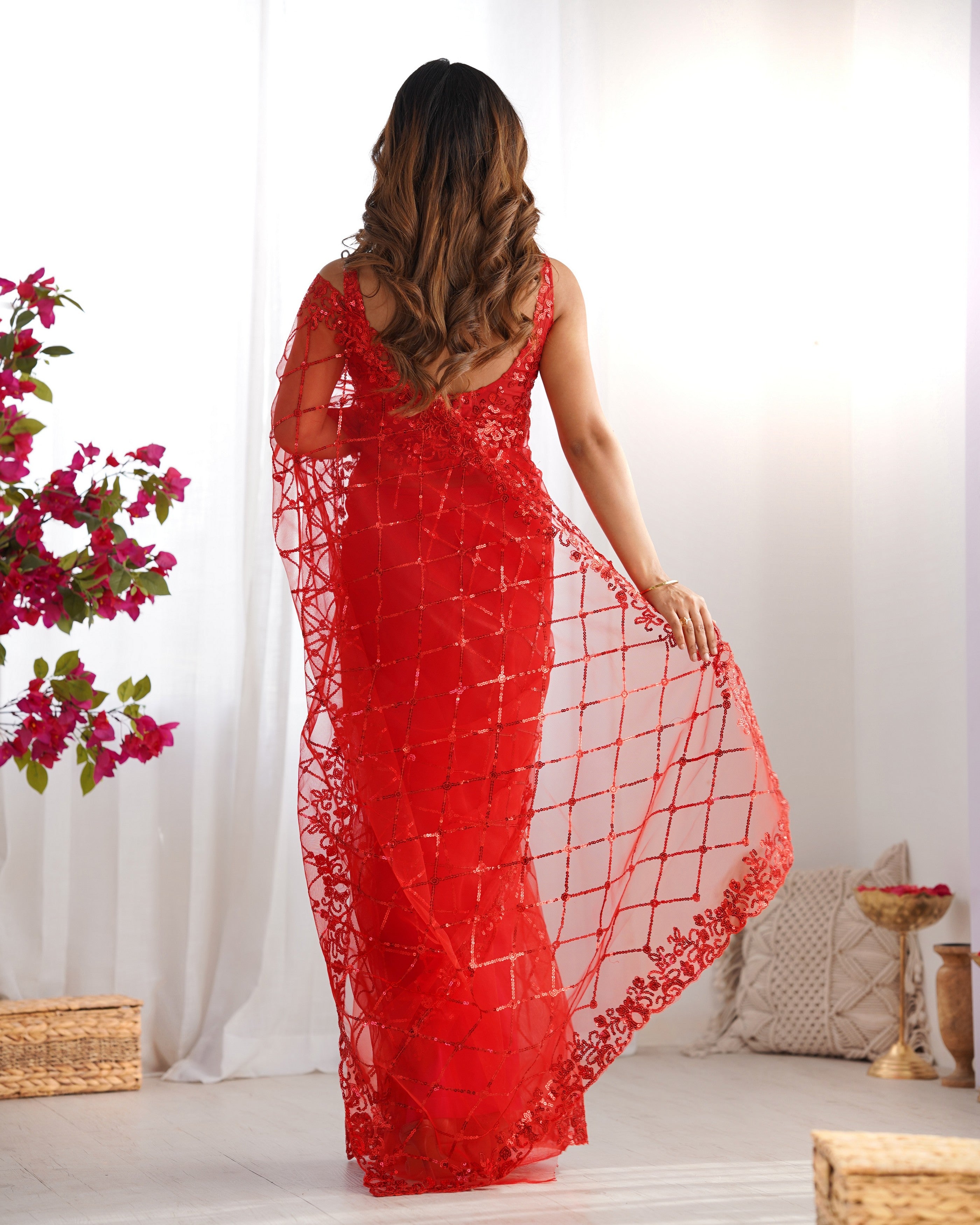 Red Soft Net Designer Sequins Embroidery Work Bollywood Style Saree