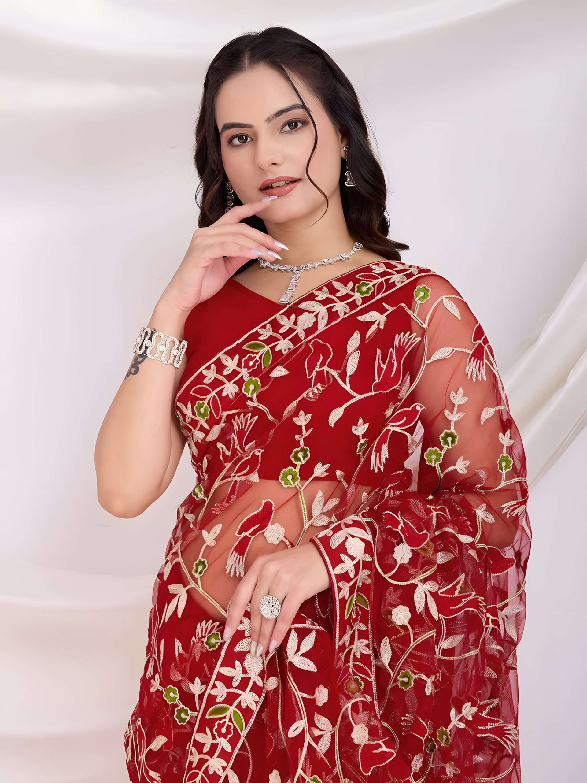 Red Soft Net Saree with C Pallu Embroidery with sequins  Work