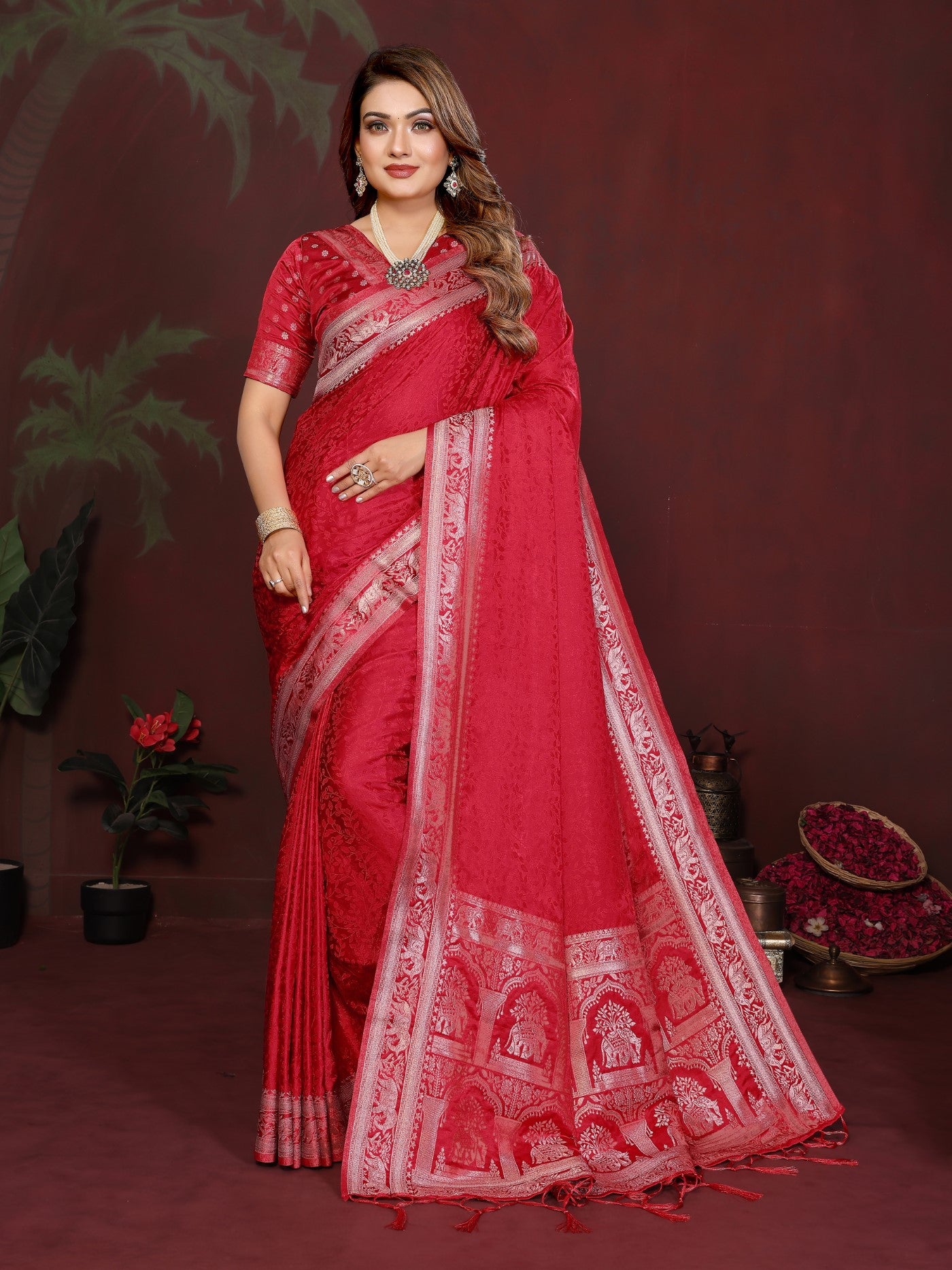 Red Soft Satin Silk Saree With Classic Zari Weaving