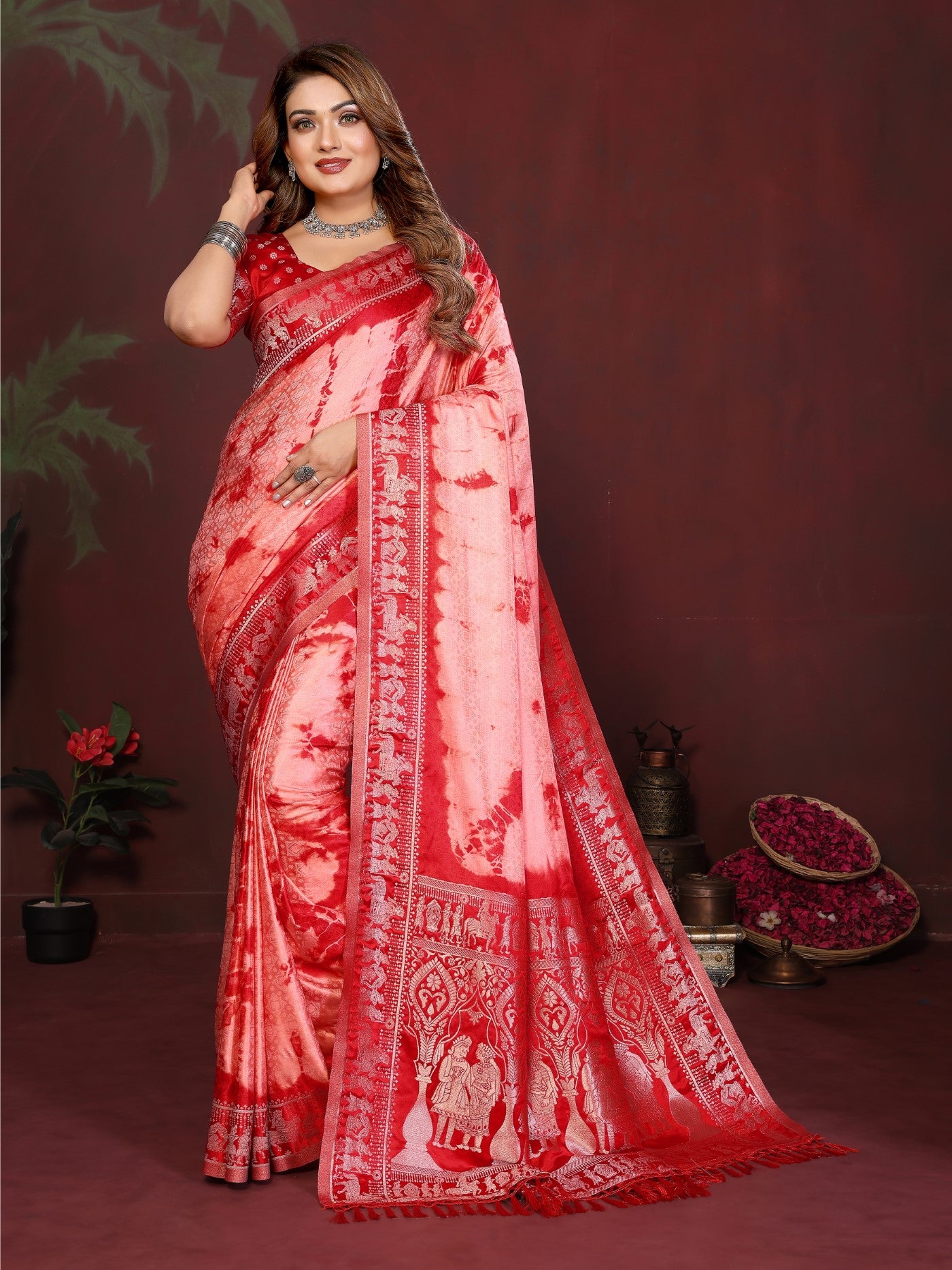 Red Soft Satin Silk Saree With Traditional Sibory Zari Weaving
