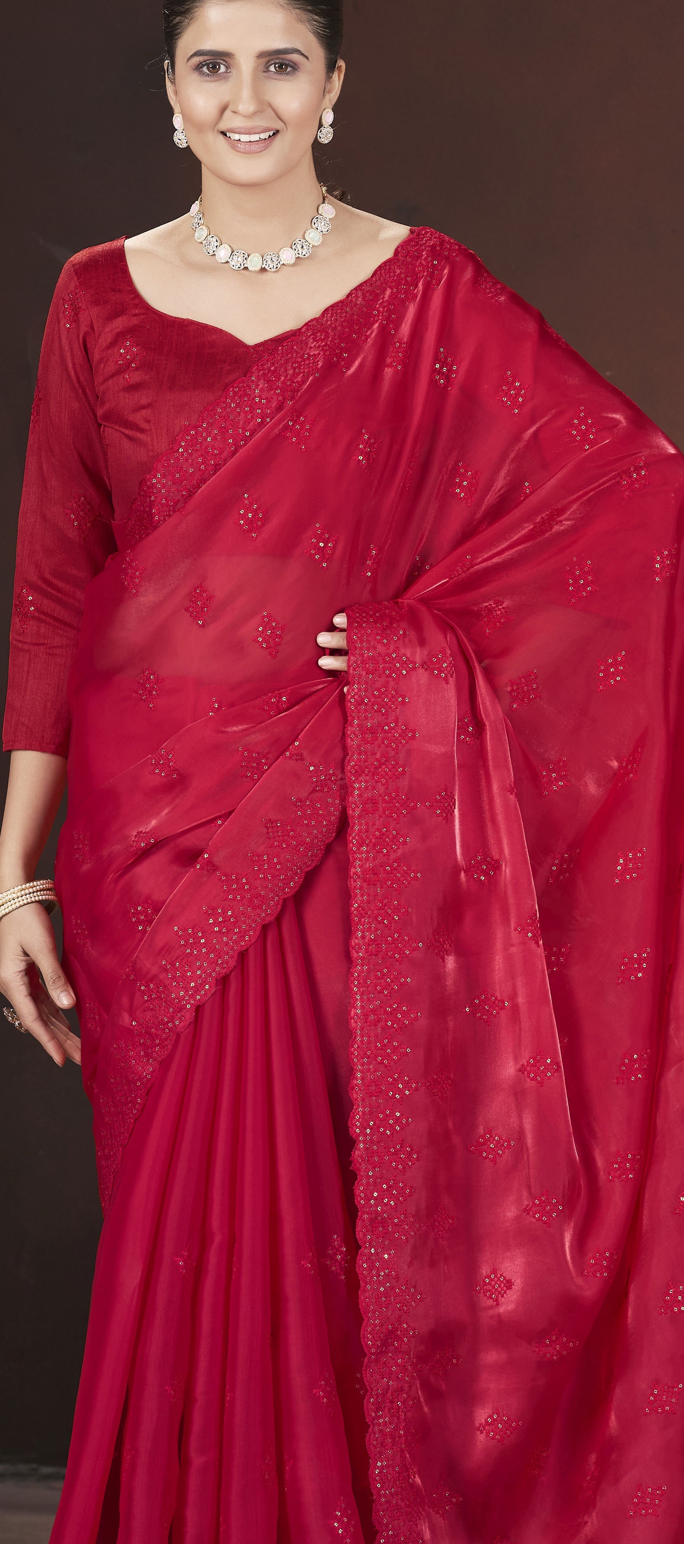 Red Stylish Jimmy Choo Ethnic Sequins Embroidered Saree