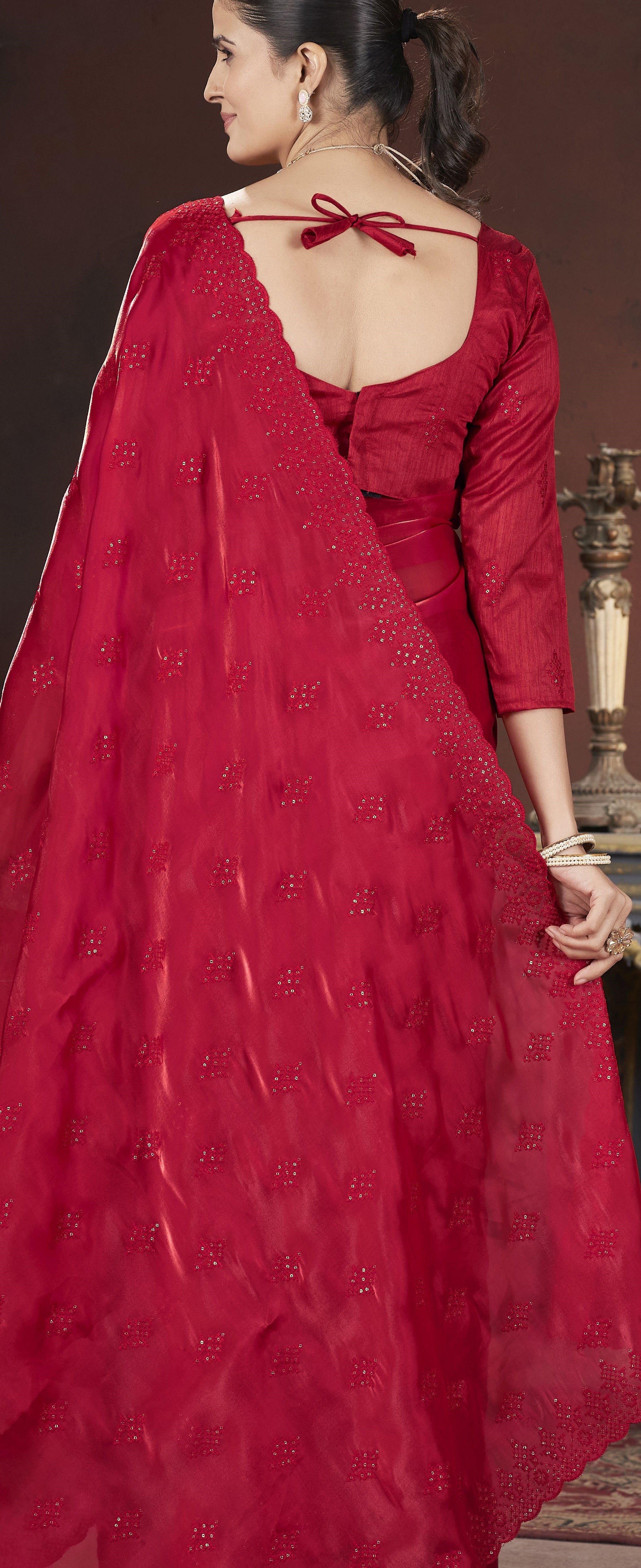 Red Stylish Jimmy Choo Ethnic Sequins Embroidered Saree