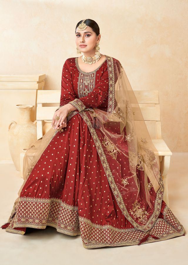 Red Taffeta Butti Heavy Thread Embroidery, Zari With Sequins Work  Anarkali Suits
