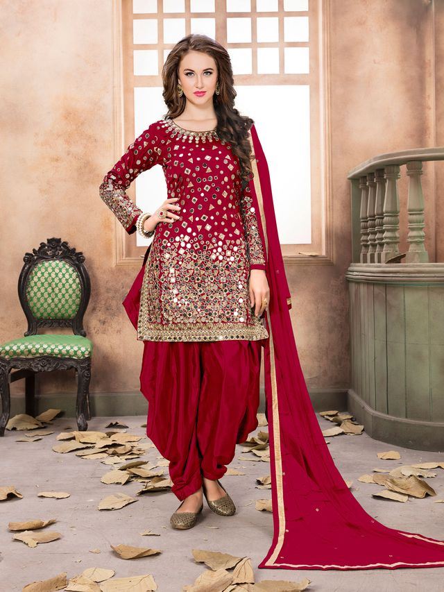 Red Taffeta Silk embroidered  Patiala  Suits