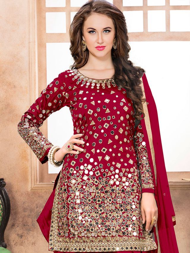 red patiala dress Red Punjabi Patiala Suit: Handmade Crepe Salwar Kameez with Chiffon Dupatta