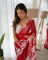 Red Thai Organza Silk Fancy Thread Embroidery With Cut Dana Work Saree