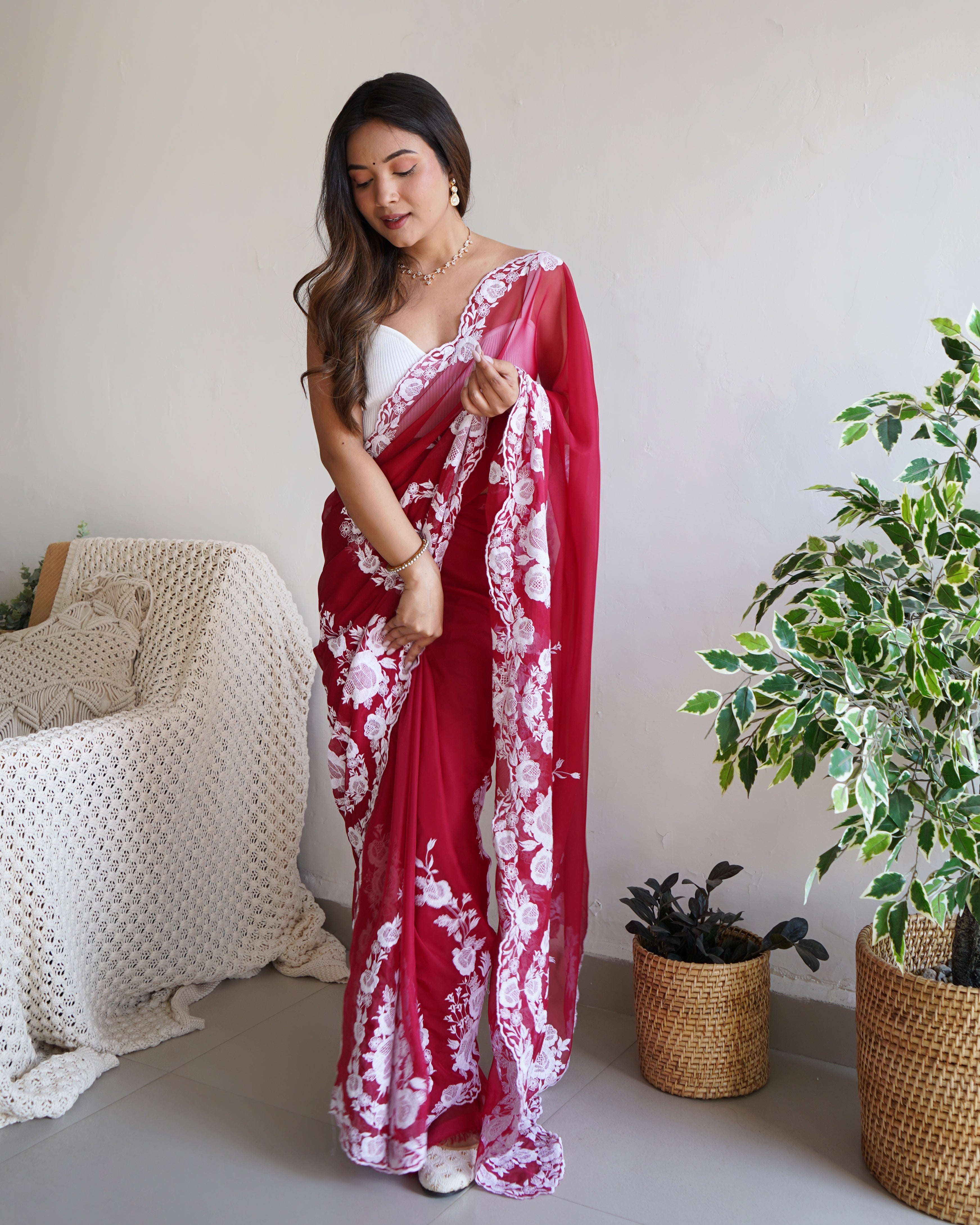 Red Thai Organza Silk Fancy Thread Embroidery With Cut Dana Work Saree