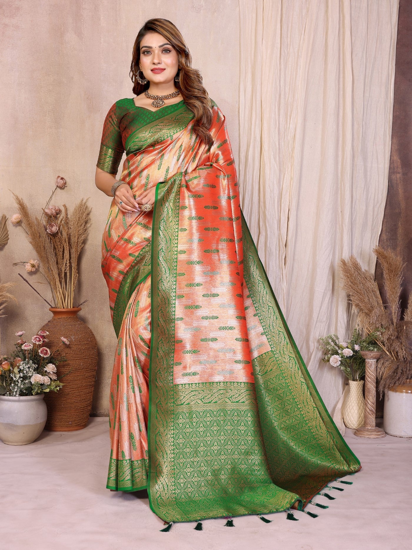 Red Tissue Silk Saree With Paithani Woven