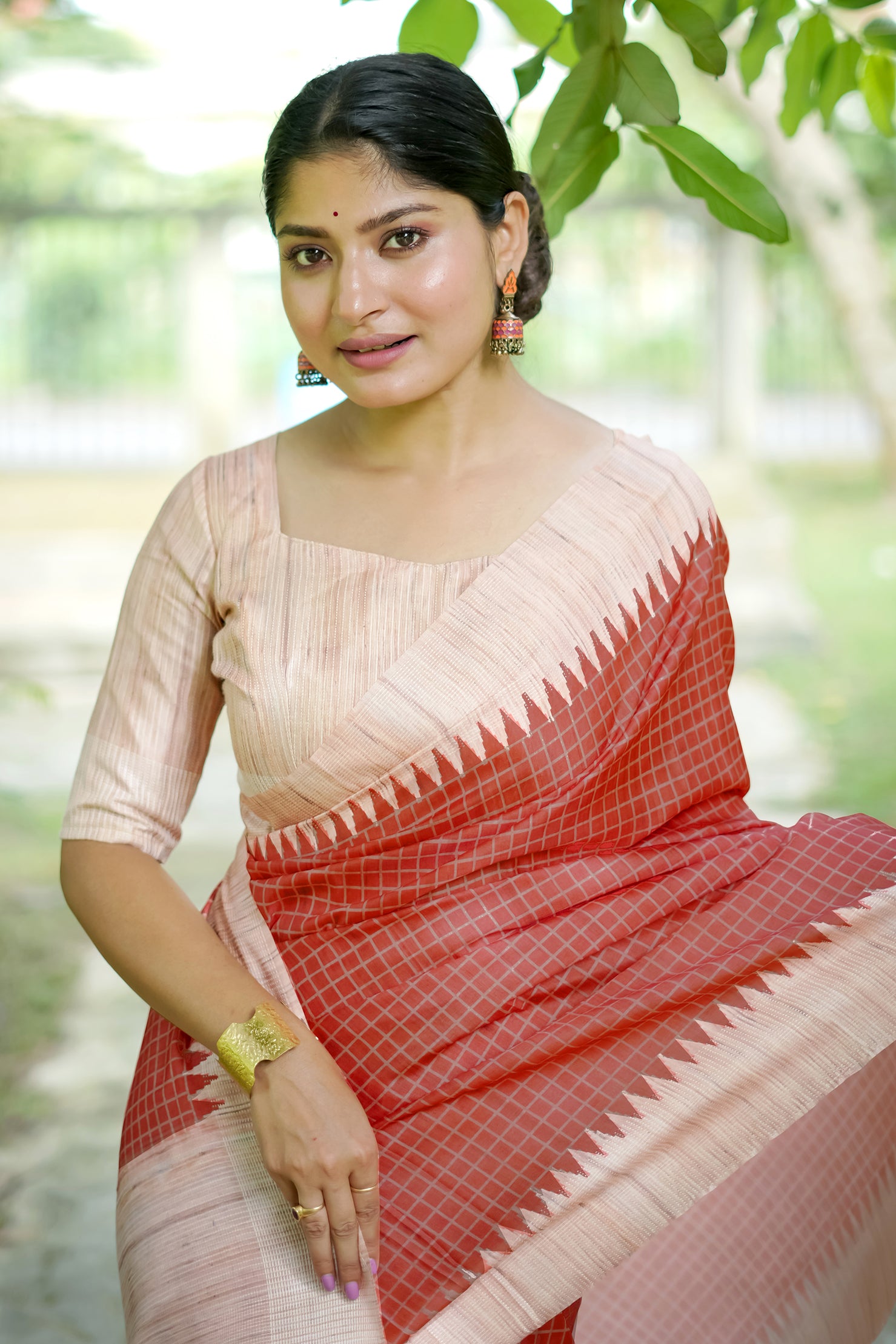 Red Tussar Silk Saree with Checks and Contrast Pallu