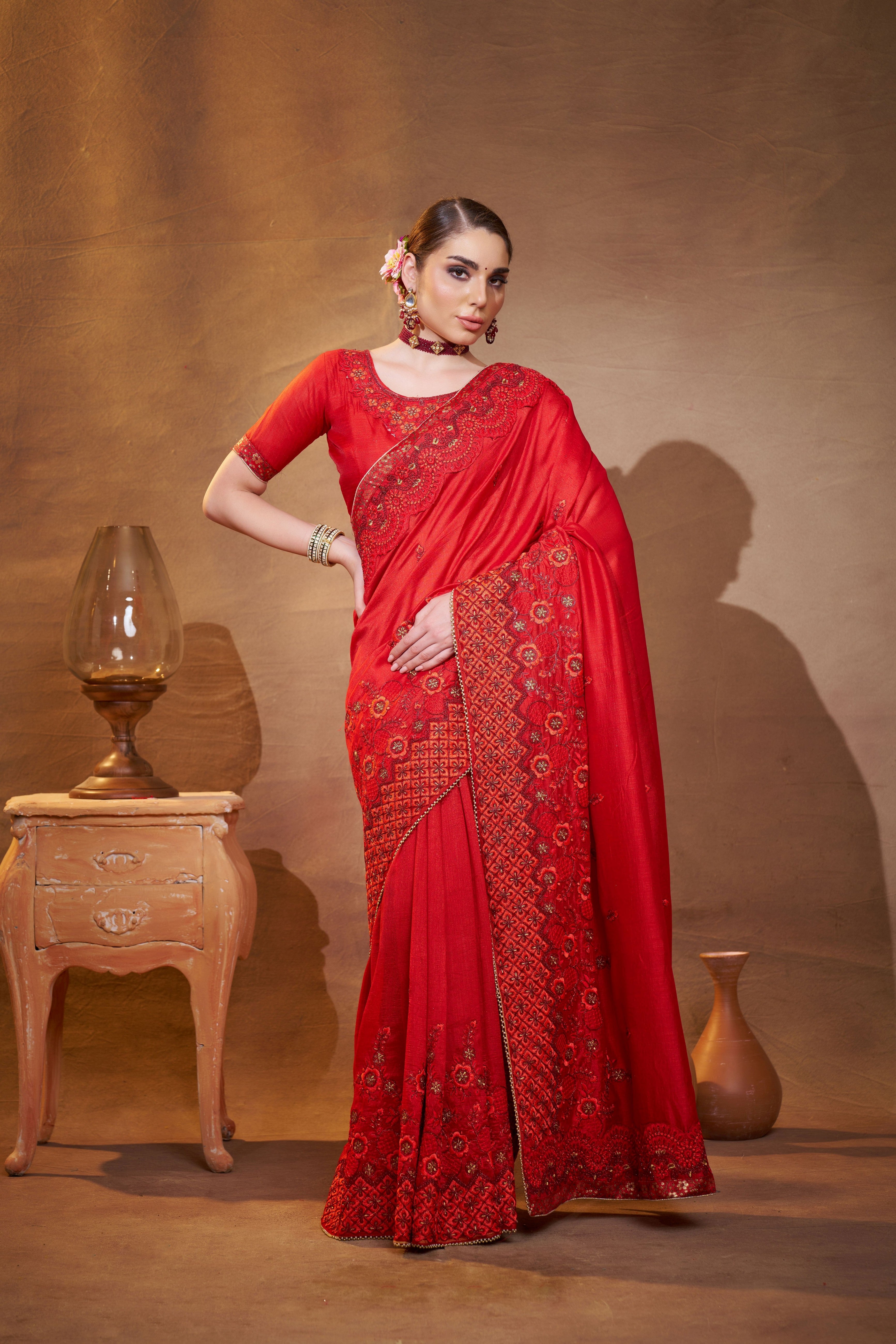 Red Vichitra Silk Designer Embroidery Work Partywear Saree