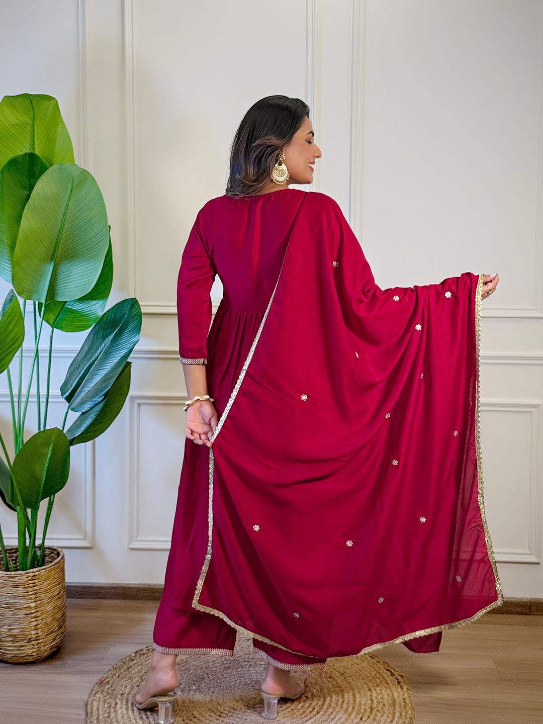 Red Vichitra Silk Elegant Kurta Pant Set With Embroidery Work