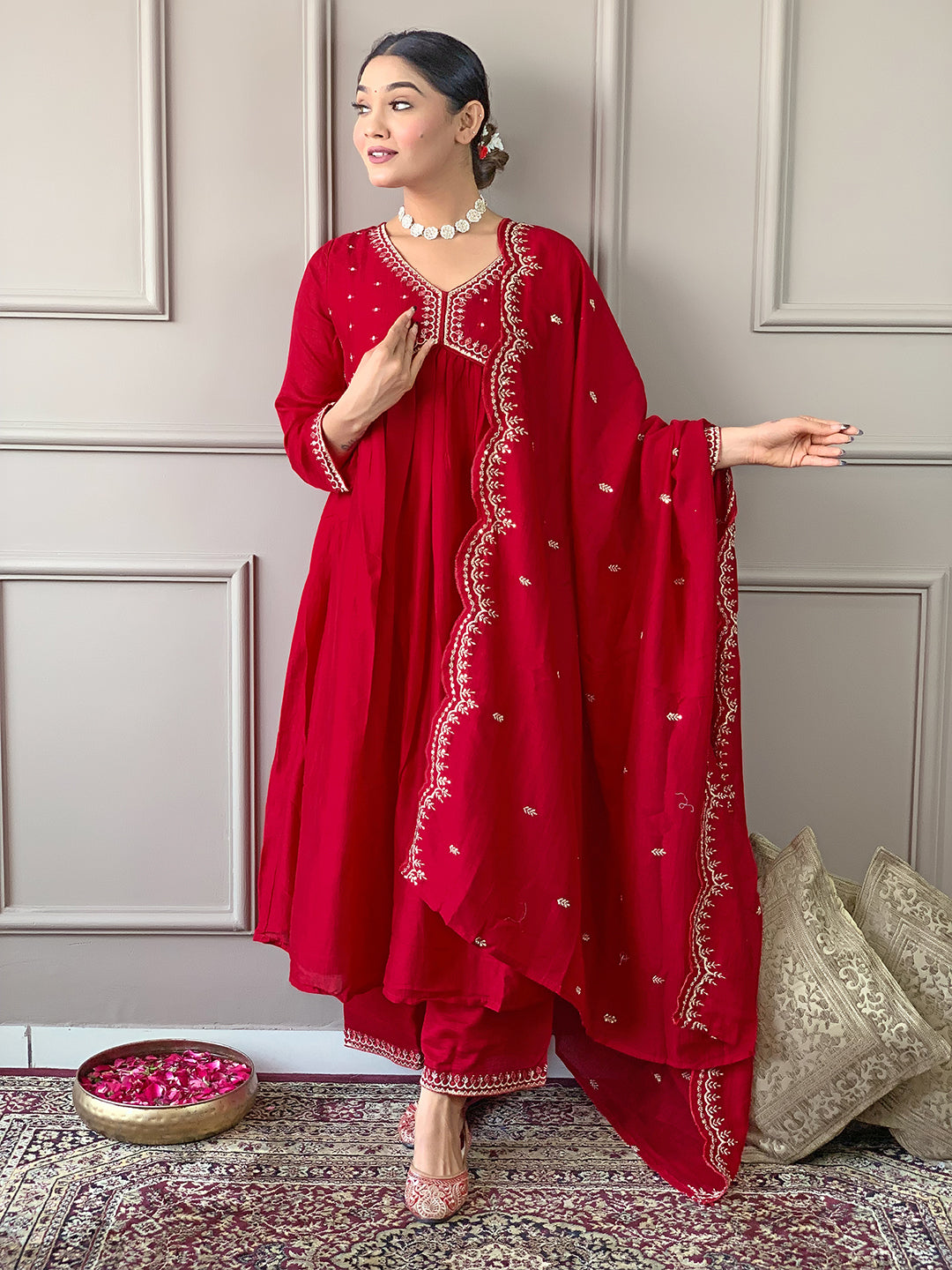 Red Vichitra Silk Elegant Kurta Pant Set With Embroidery Work