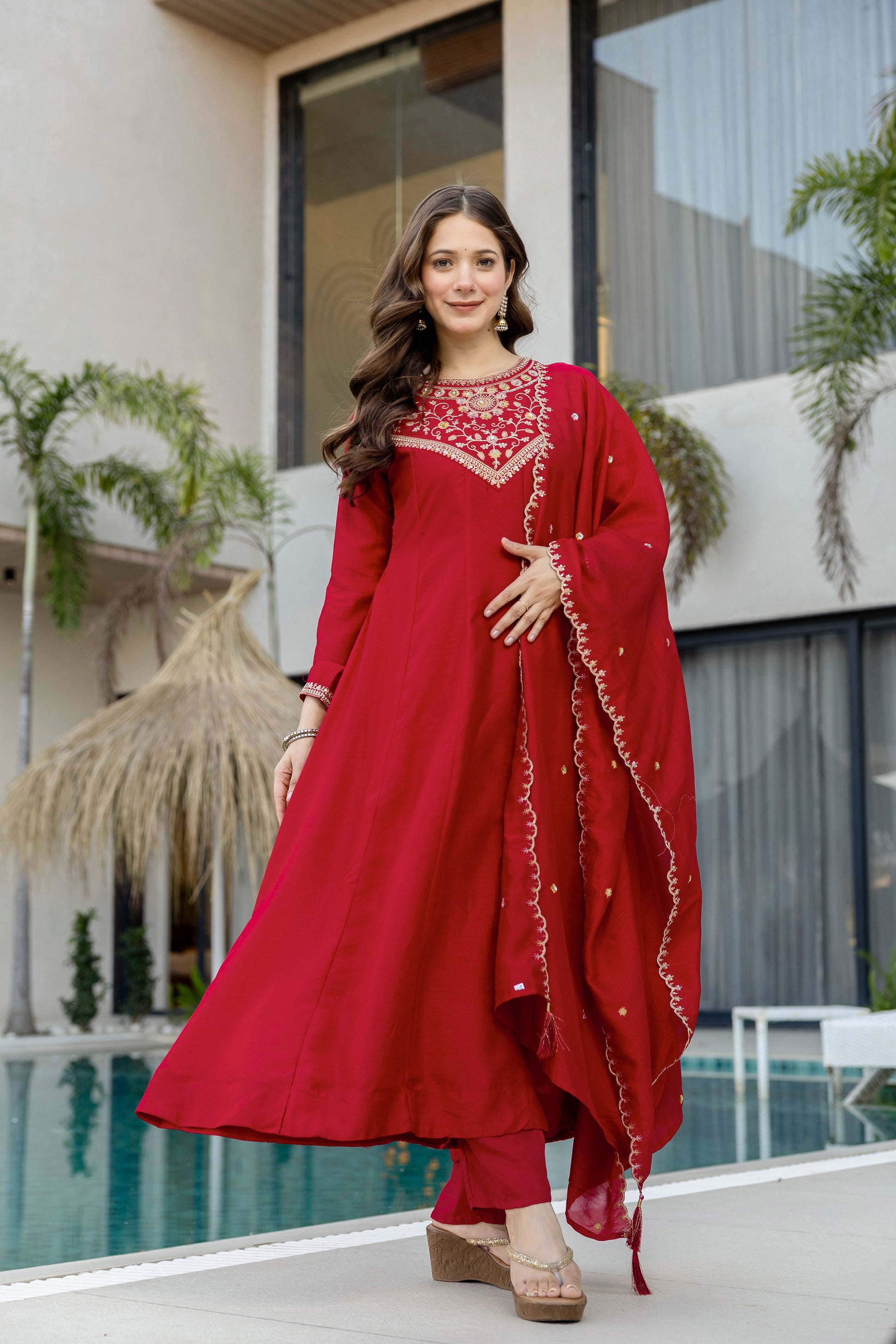 Red Vichitra Silk Kurta Pant Set With Heavy Thread Embroidery Work