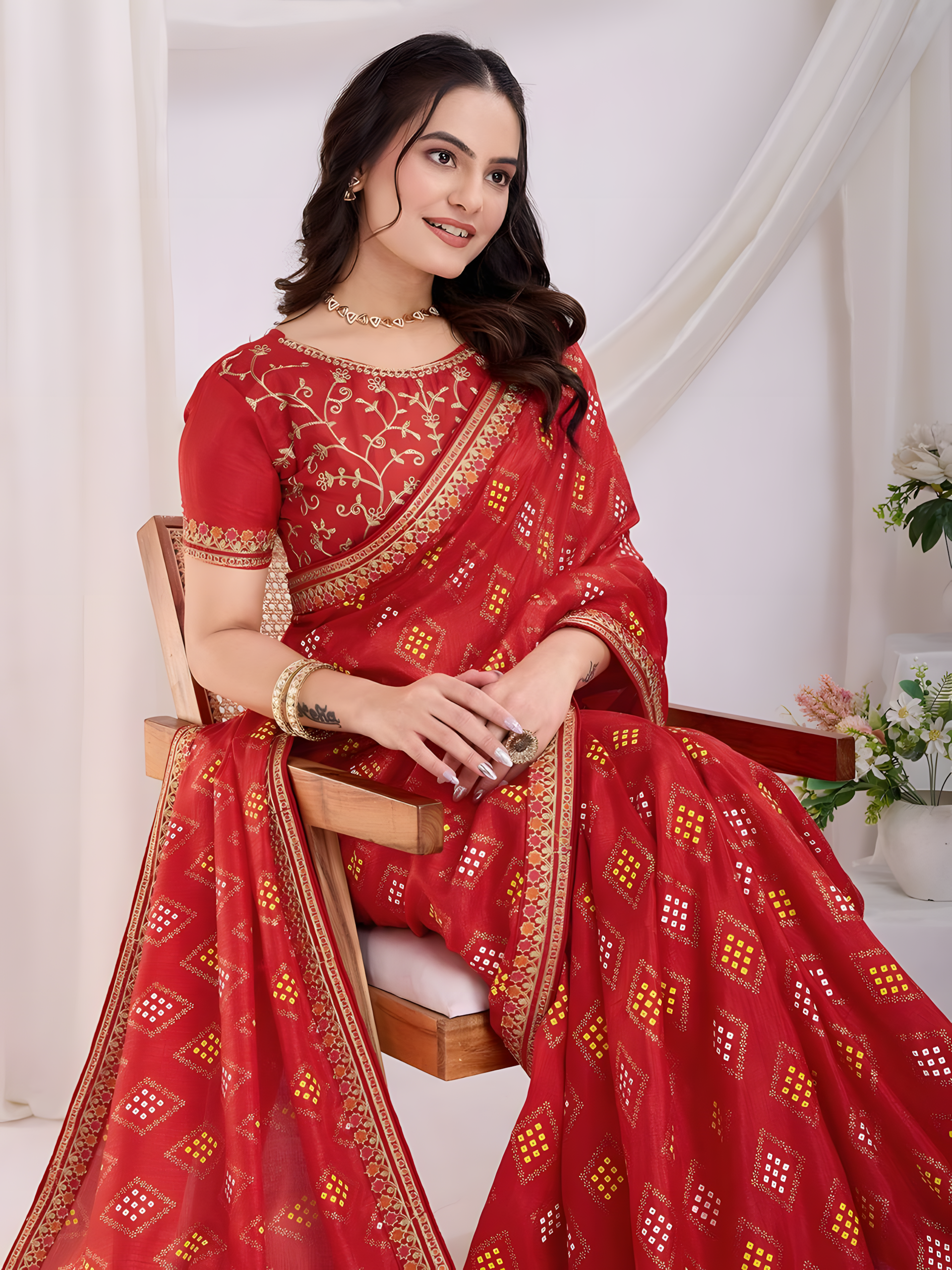 Red Vichitra silk  Saree with Golden Foil  bandhani print with embroidery work lace