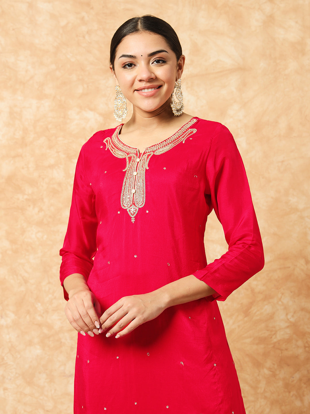 Red Viscose Elegant Kurta Pant Set With Embroidery Work
