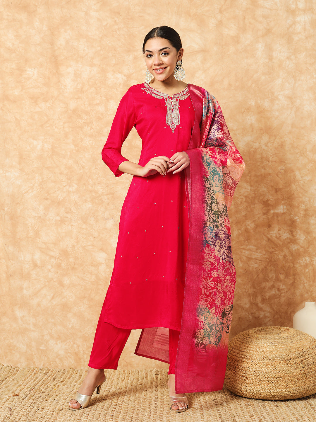 Red Viscose Elegant Kurta Pant Set With Embroidery Work