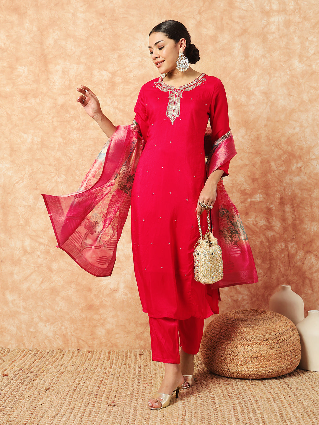 Red Viscose Elegant Kurta Pant Set With Embroidery Work