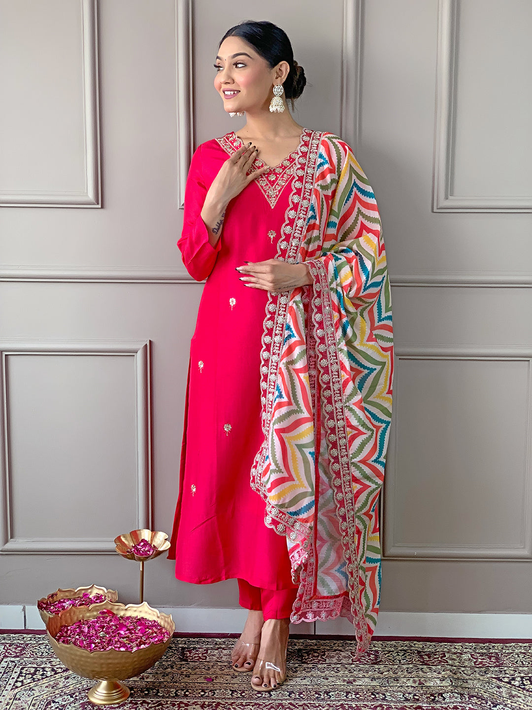 Red Viscose Elegant Kurta Pant Set With Embroidery Work