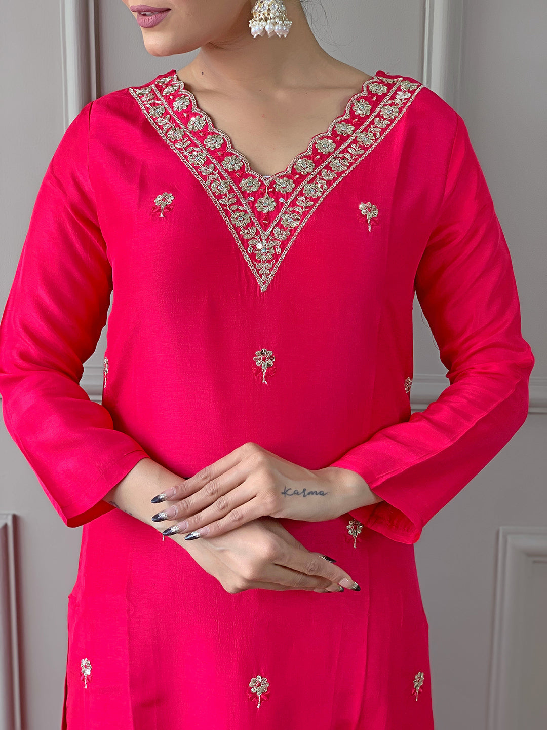 Red Viscose Elegant Kurta Pant Set With Embroidery Work