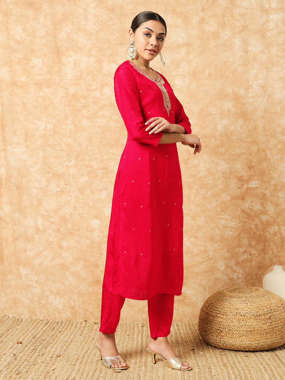 Red Viscose Elegant Kurta Pant Set With Embroidery Work