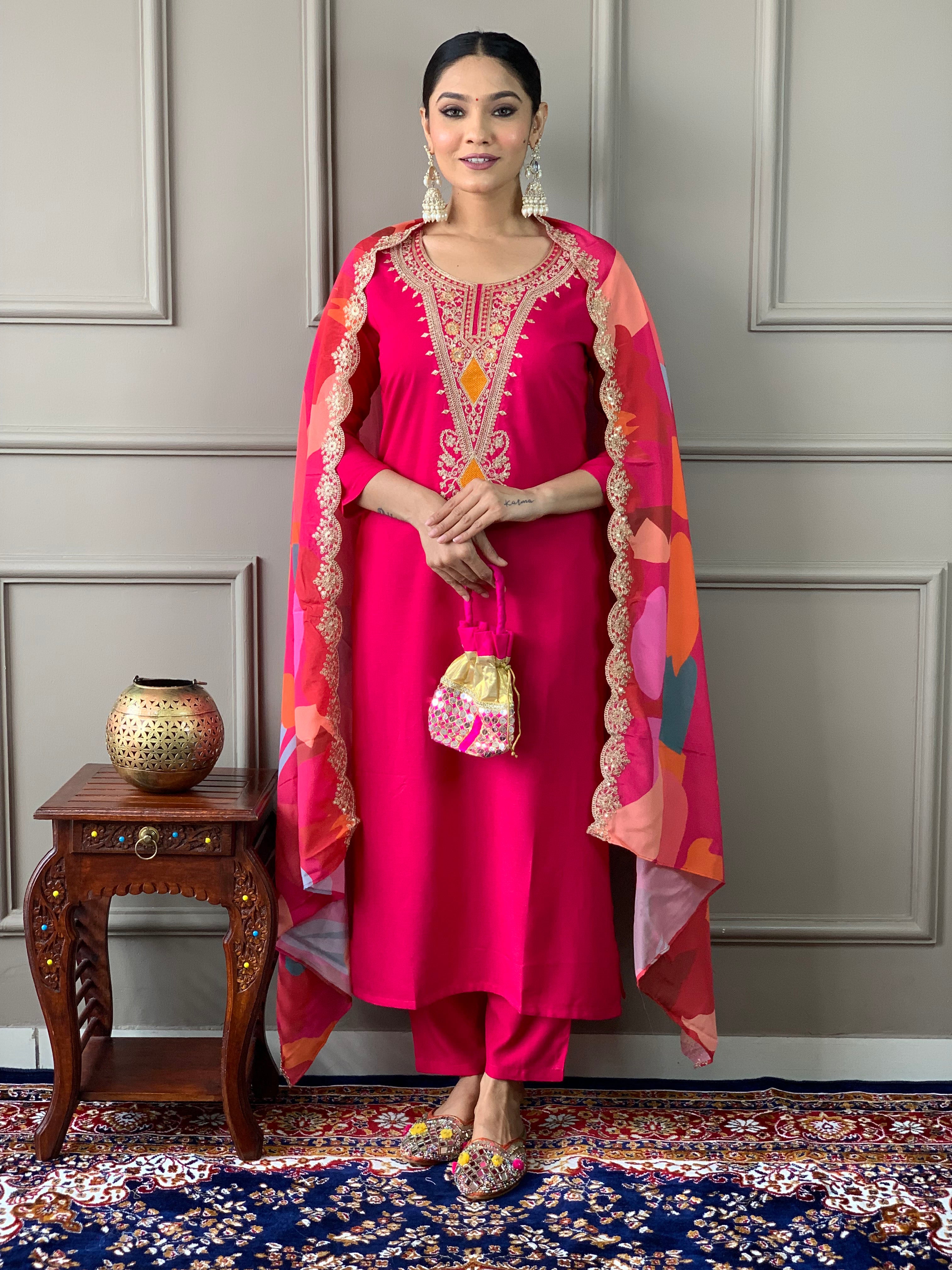 Red Viscose Silk Elegant Kurta Pant Set With Embroidery Work