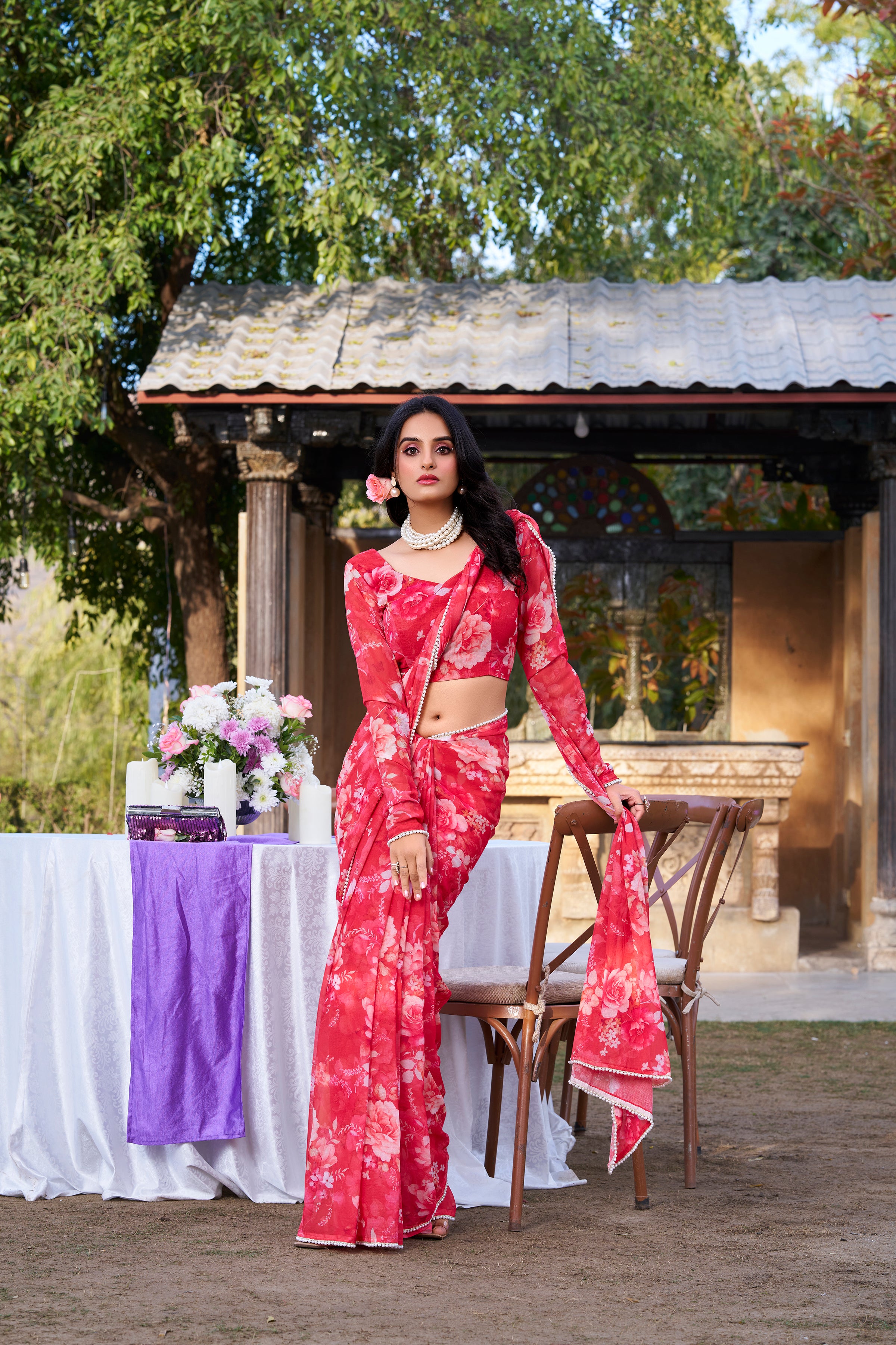 Red Weightless Marble Print Saree with Pearl Lace Border