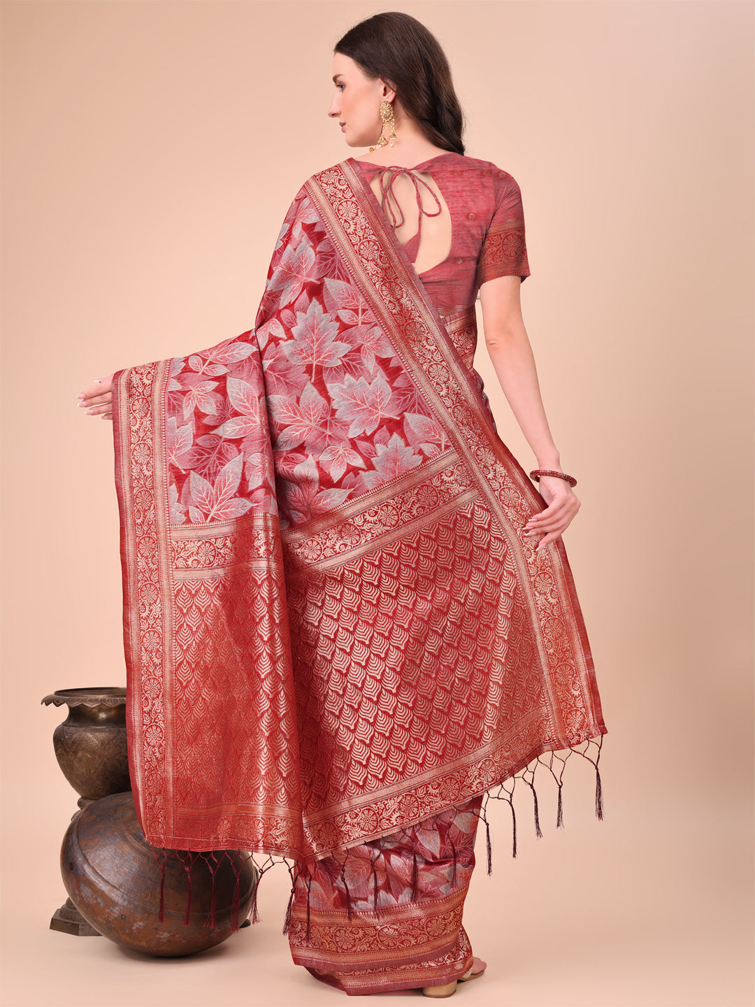 Red Woven Jacquard Designer With Floral Printed Cotton Ceremonial Saree