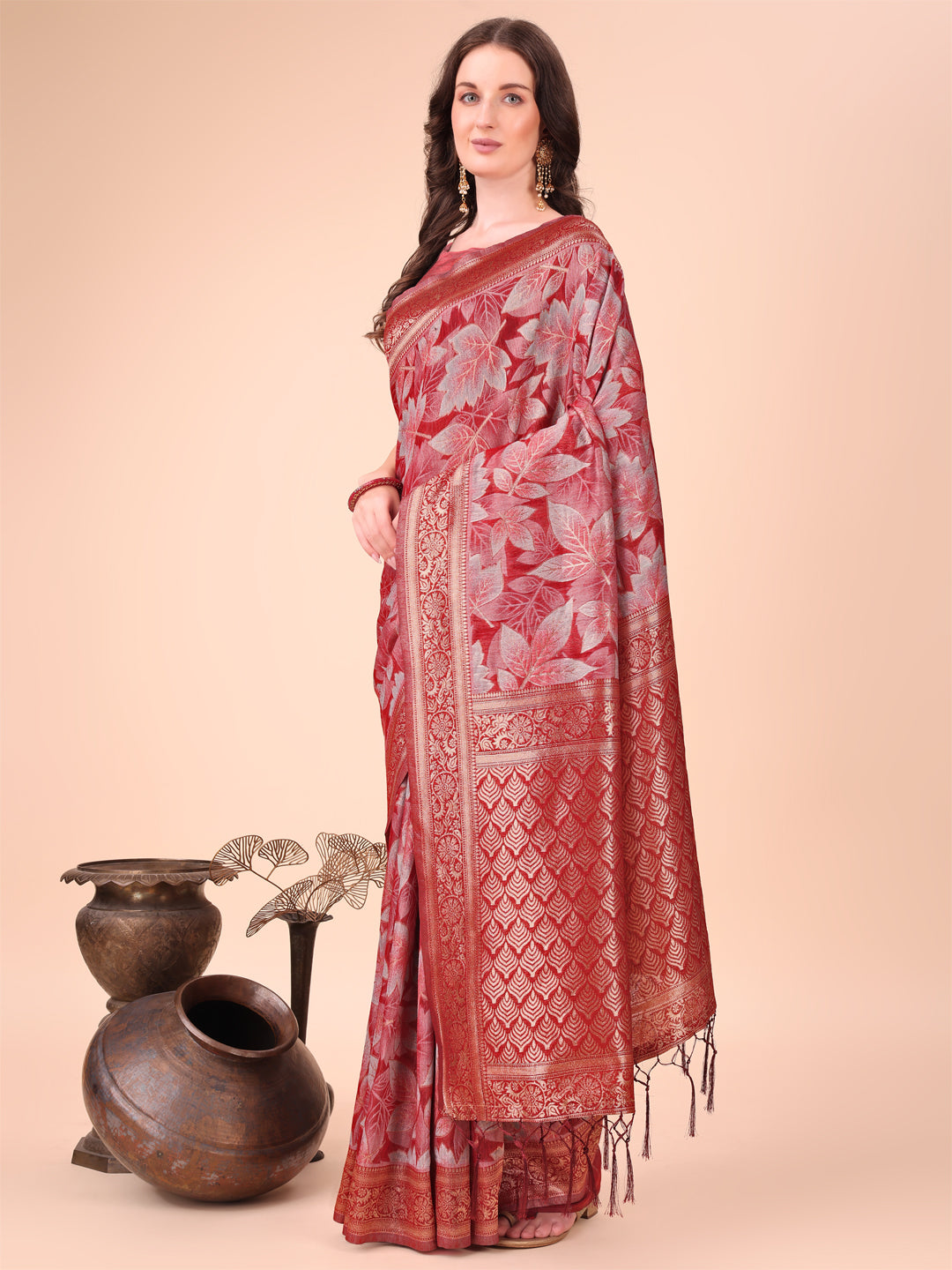 Red Woven Jacquard Designer With Floral Printed Cotton Ceremonial Saree