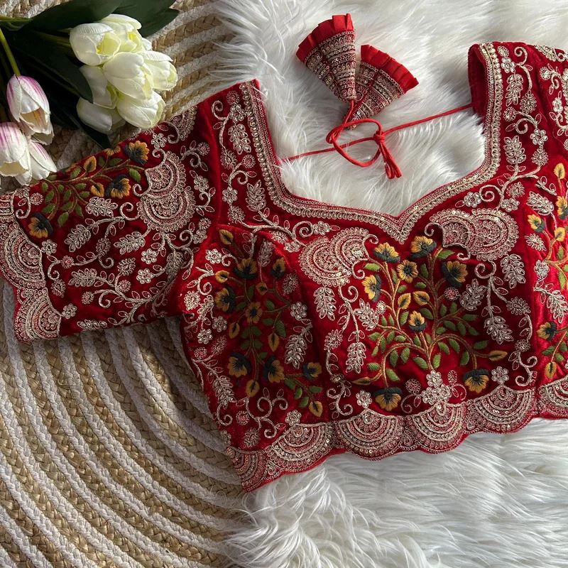 Red Velvet Bridal Blouse with Multicolor Thread & Zardosi Embroidery