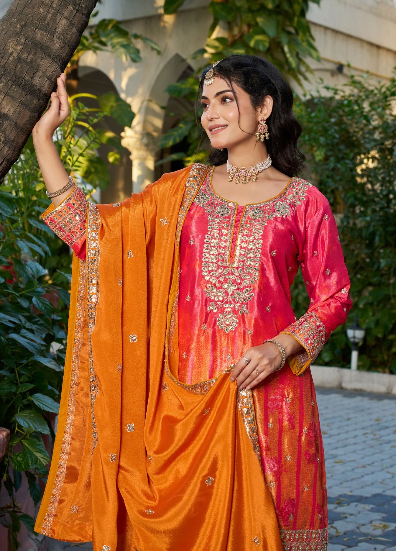 Red & Orange Chinon Designer Suit Set With Embroidered Elegance
