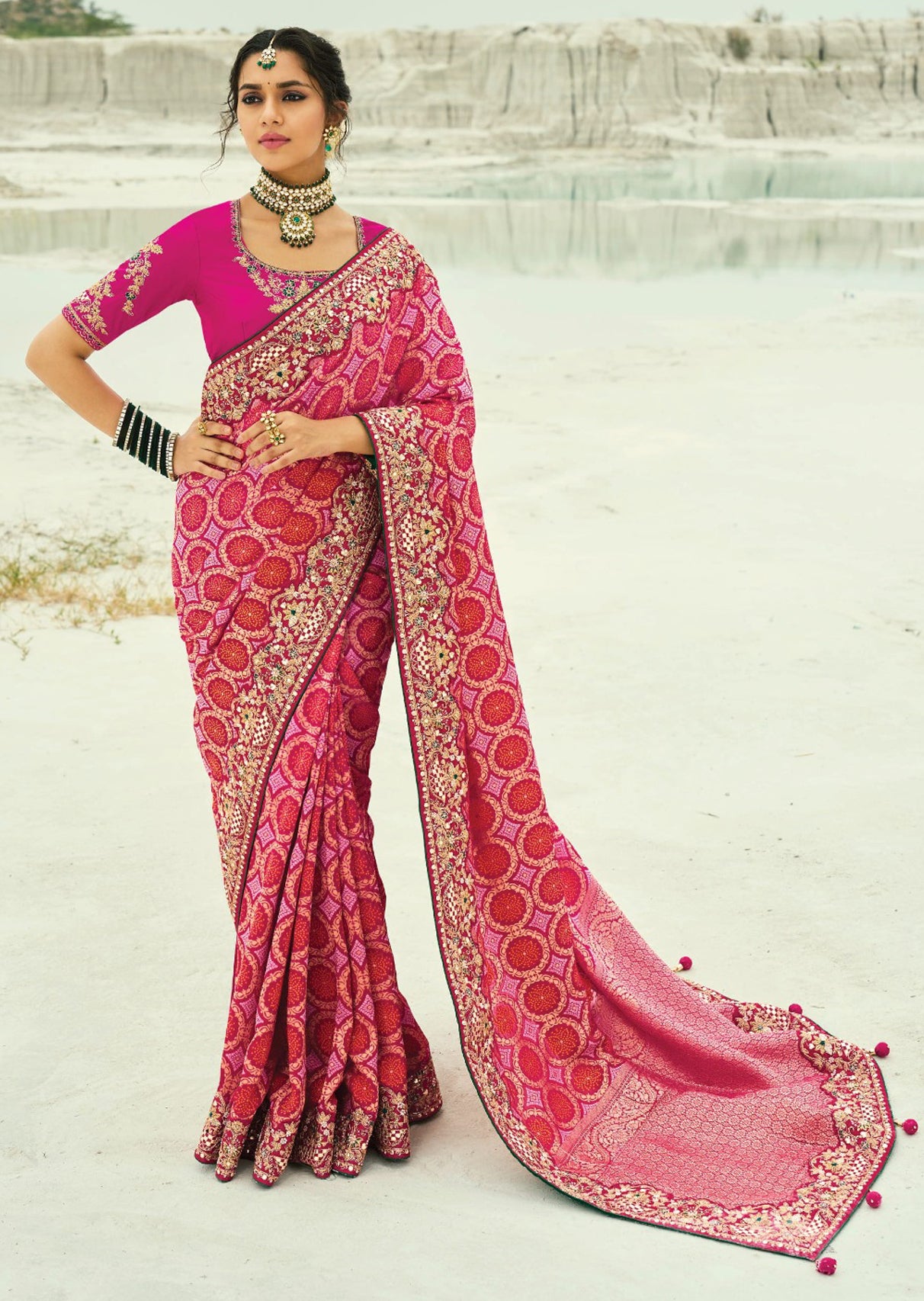 Red & Rani  Bandhej Saree with Heavy Hand Work Border With Embroidery Blouse