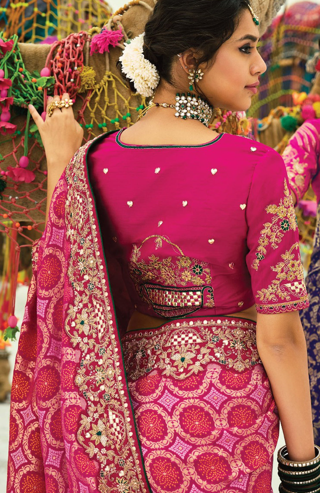 Red & Rani  Bandhej Saree with Heavy Hand Work Border With Embroidery Blouse