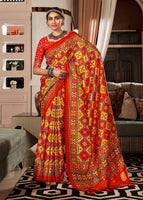 Red and Mustard Tussar Silk Saree With  Patola Digital Print with Lagadi Patta Pallu