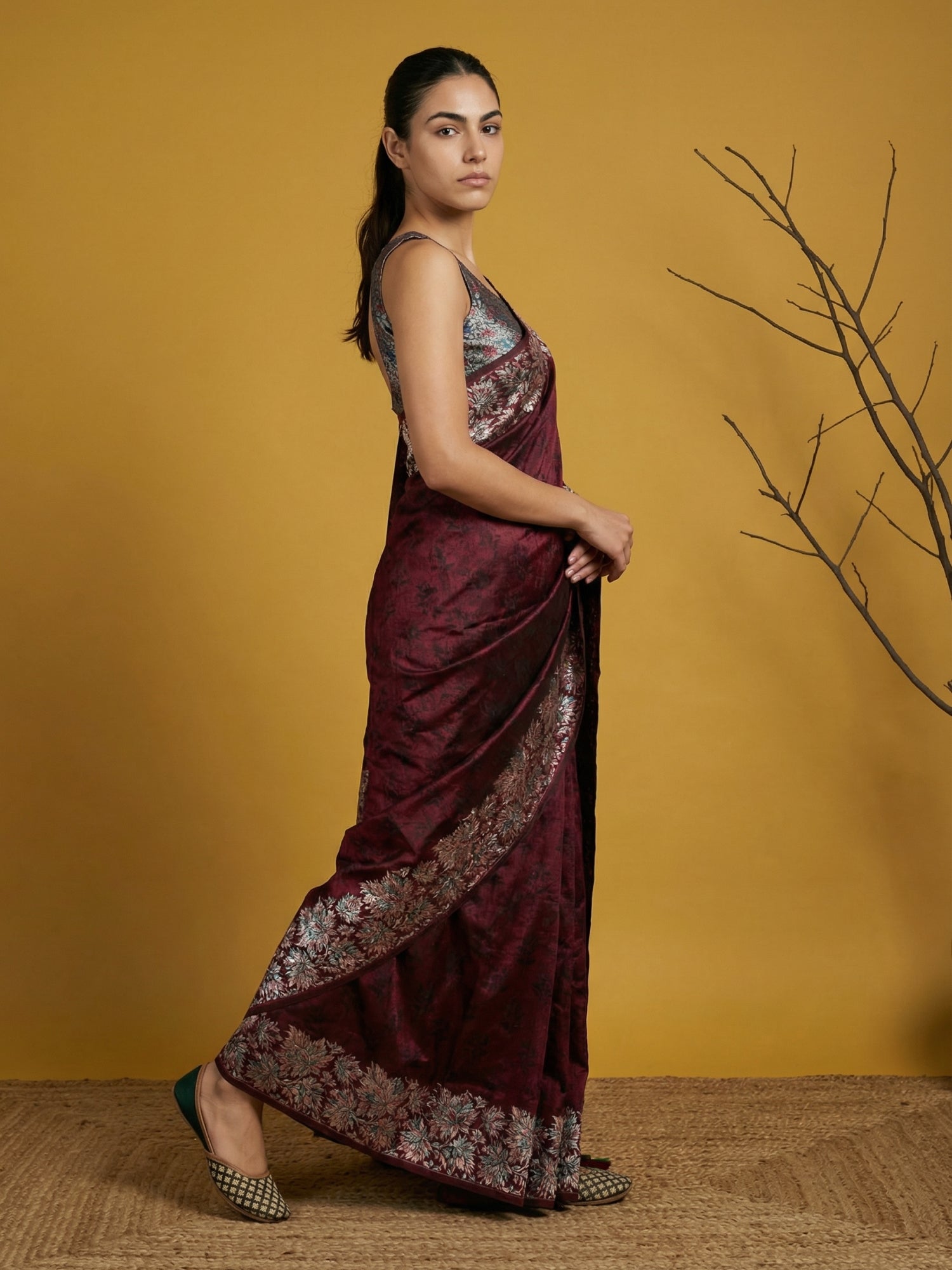 Regal Maroon Soft Silk Saree with Artistic Print & Woven Work