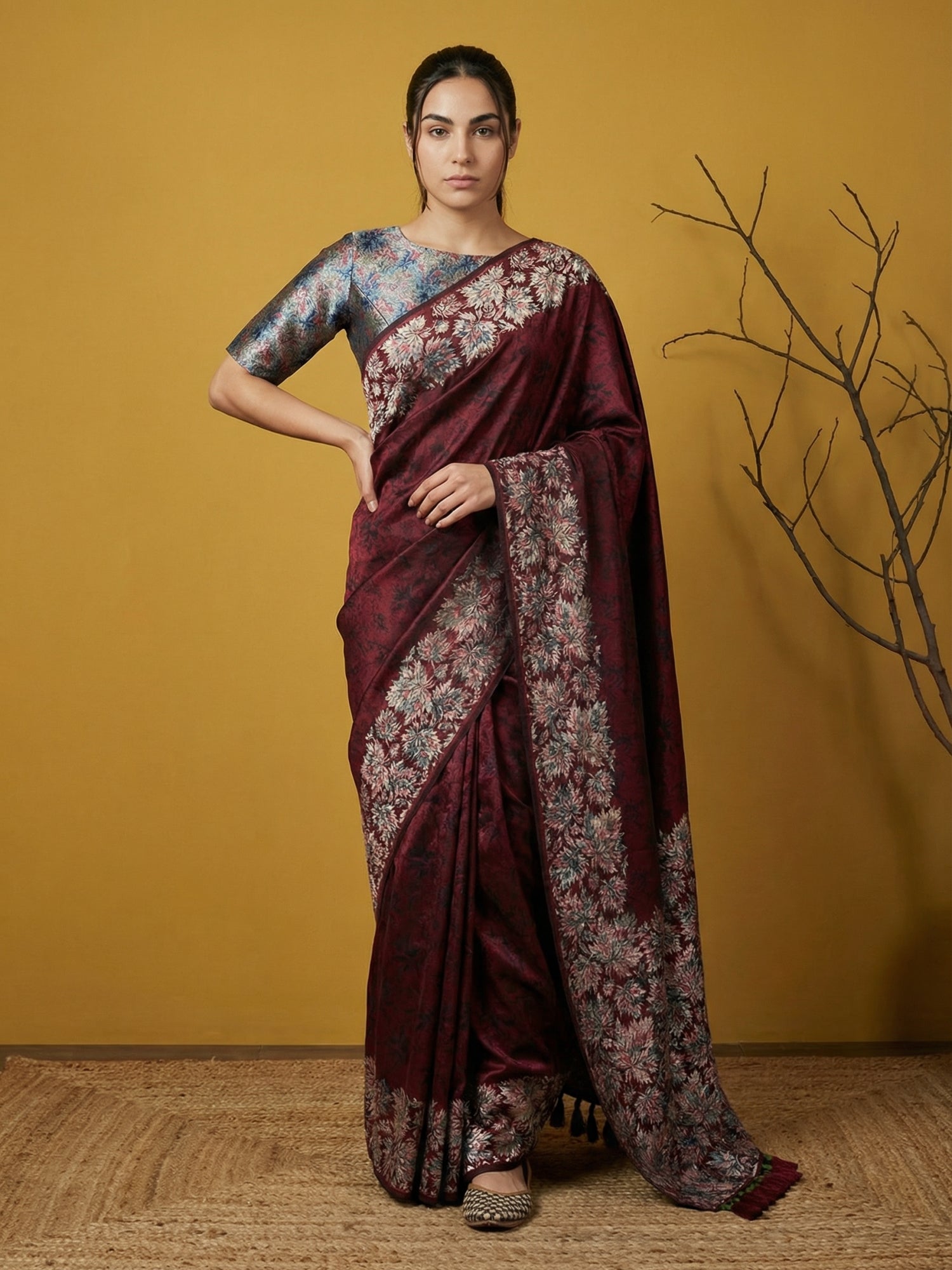 Regal Maroon Soft Silk Saree with Artistic Print & Woven Work