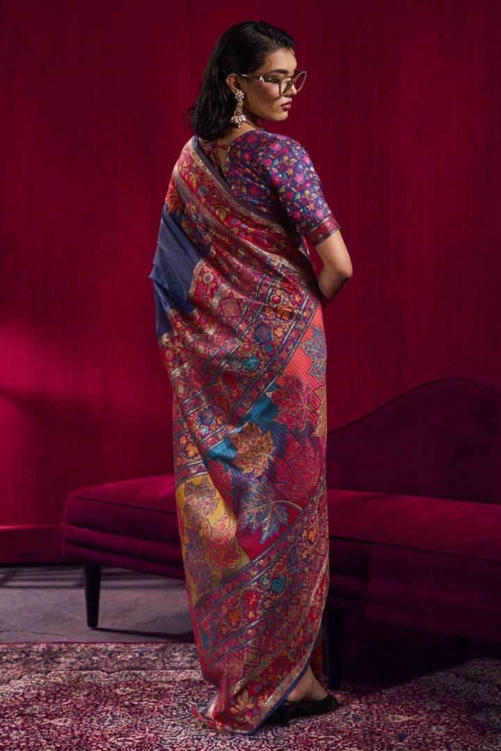 Regal Navy Blue Modal Pashmina Saree with Handloom Zari Work