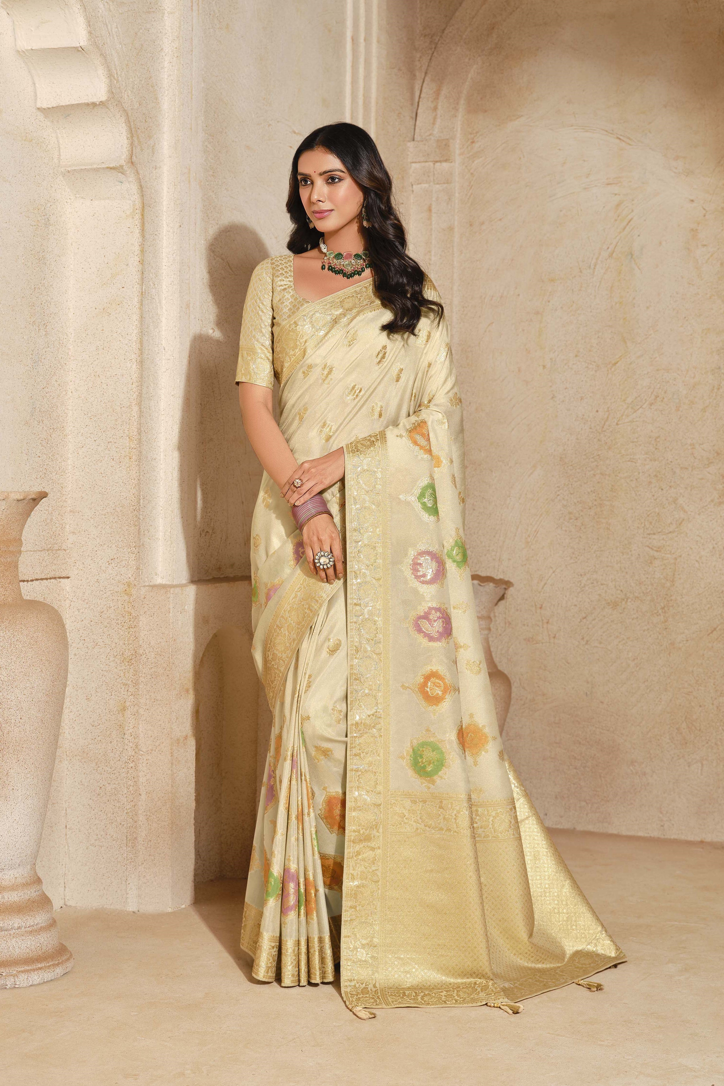 Rich And Heavy Woven Jari Designer Cream Partywear Silk Saree