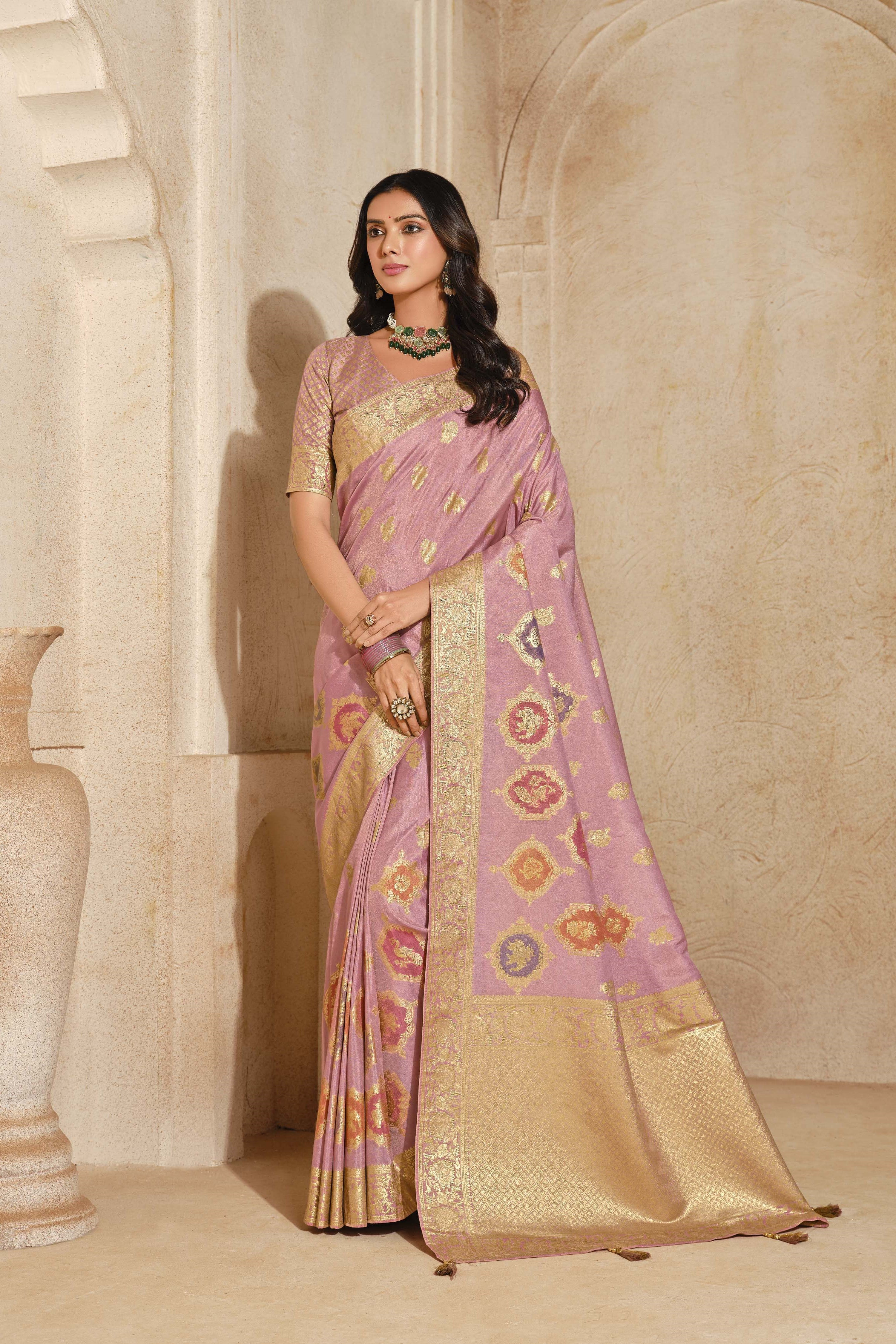 Rich And Heavy Woven Jari Designer Pink Partywear Silk Saree