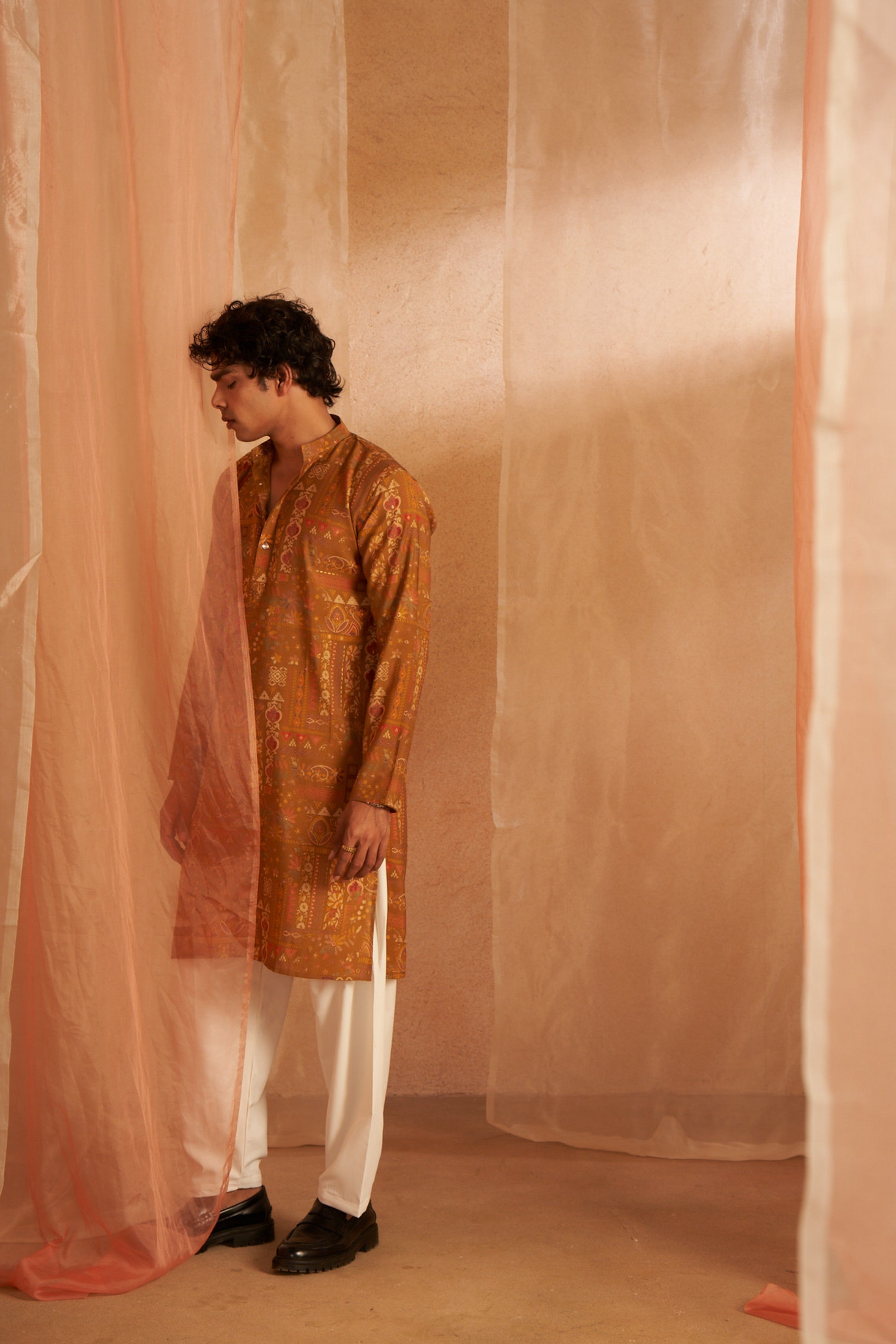 Rich Looks Brownish Yellow Kurta Payjama with Designer Print – Unique Color Combo