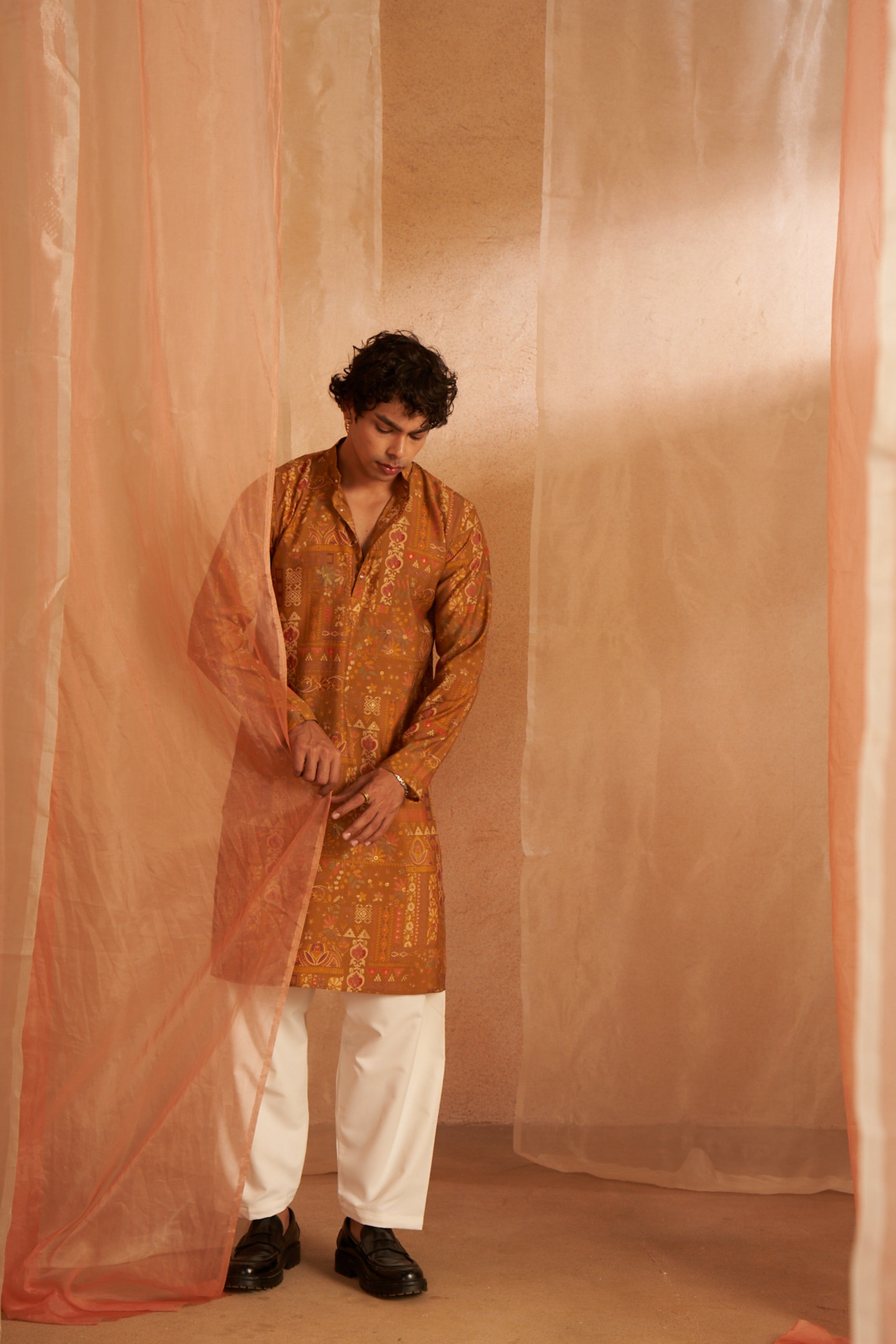 Rich Looks Brownish Yellow Kurta Payjama with Designer Print – Unique Color Combo