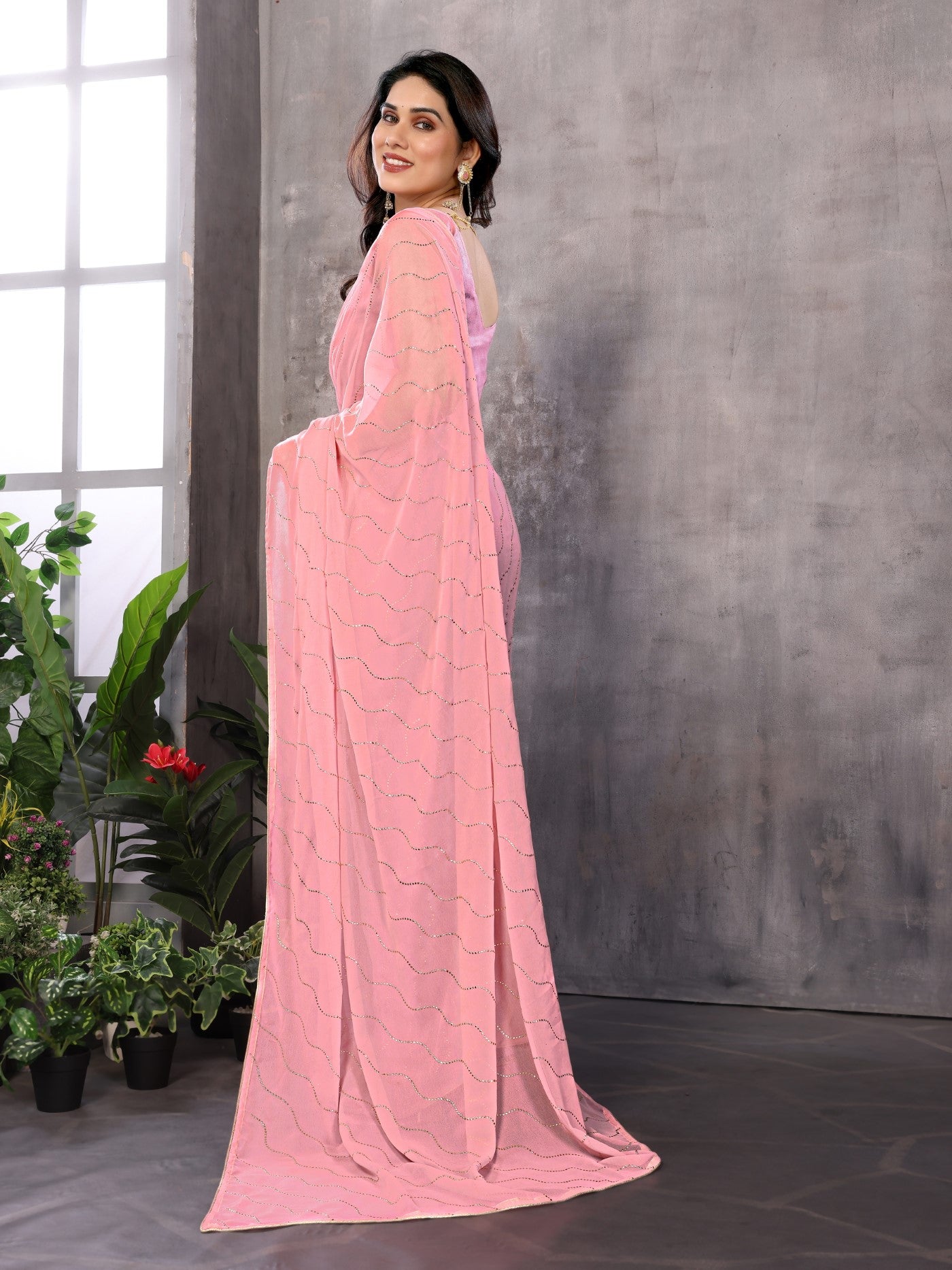 Rose Georgette Saree With Mukesh Work Saree