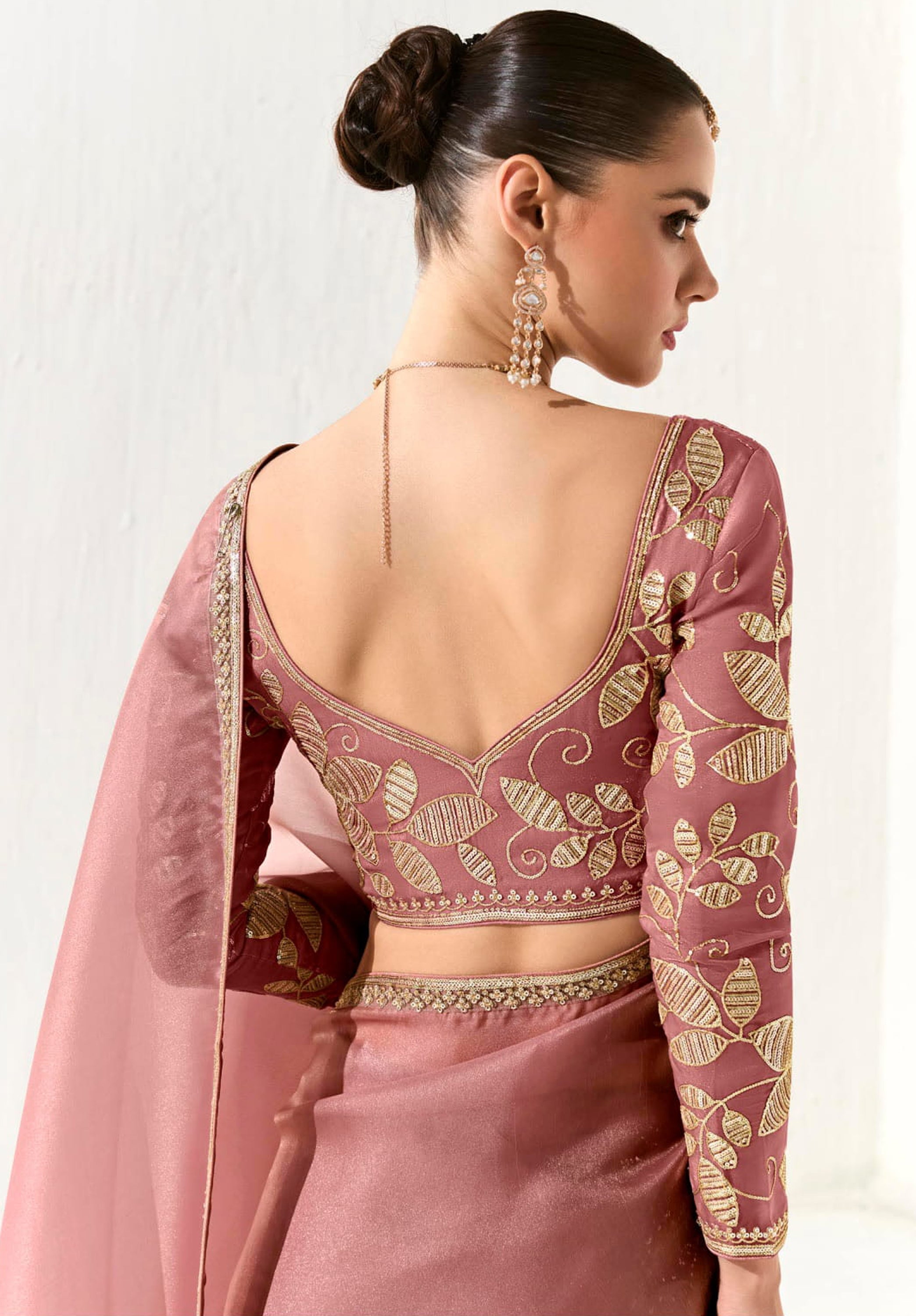 Rose Organza Tissue Saree With  Heavy Work Border With Embroidered Blouse