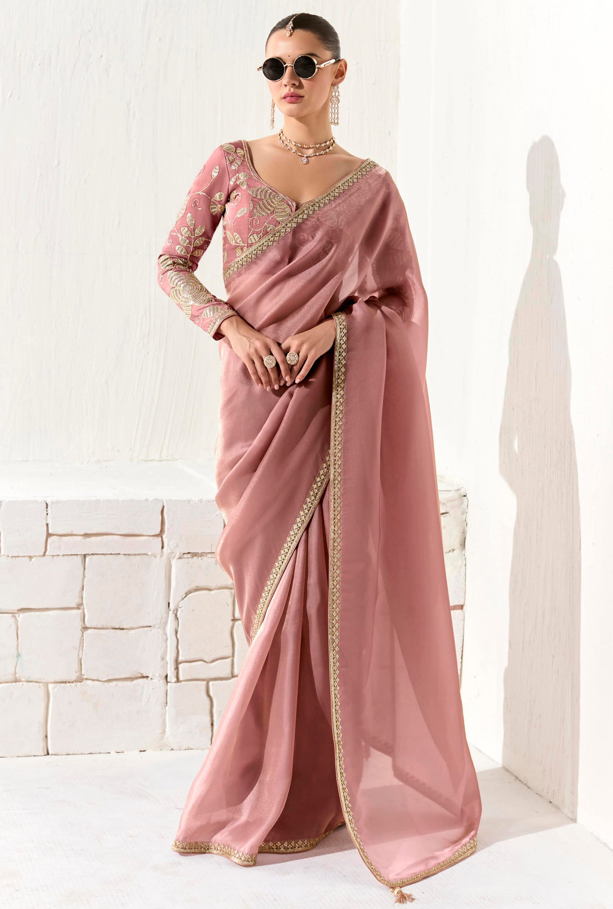 Rose Organza Tissue Saree With  Heavy Work Border With Embroidered Blouse