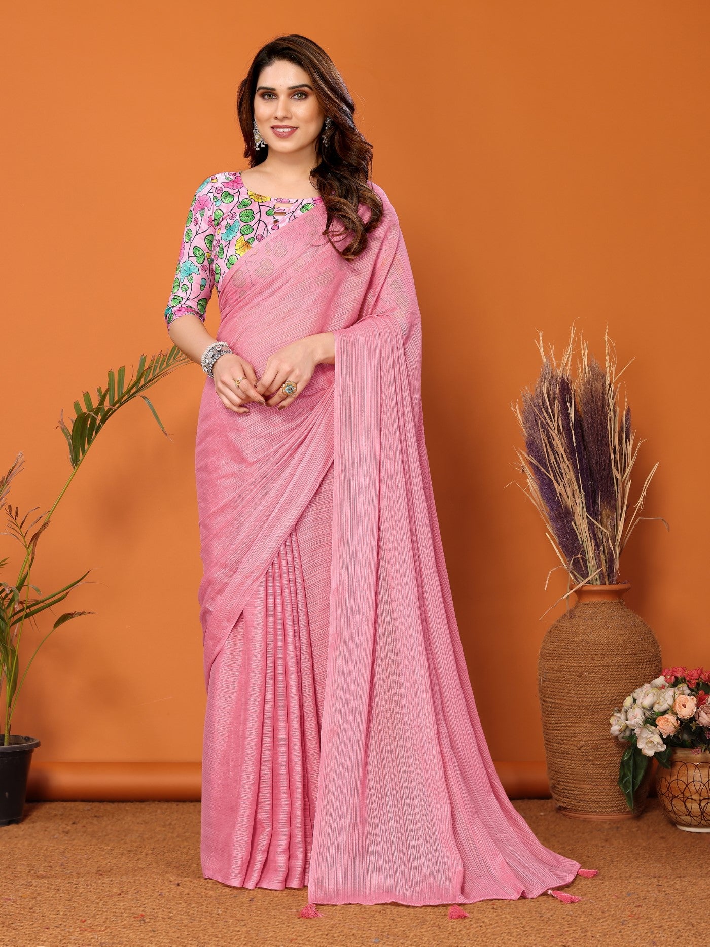 Rose Polyester Zari Saree With Plain Saree With Kalamkari Print Blouse