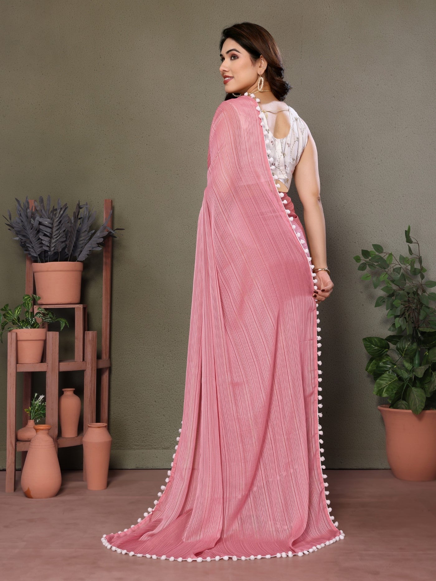 Rose Polyester Zari Saree with Embroidery Work Blouse & Pom-Pom Lace