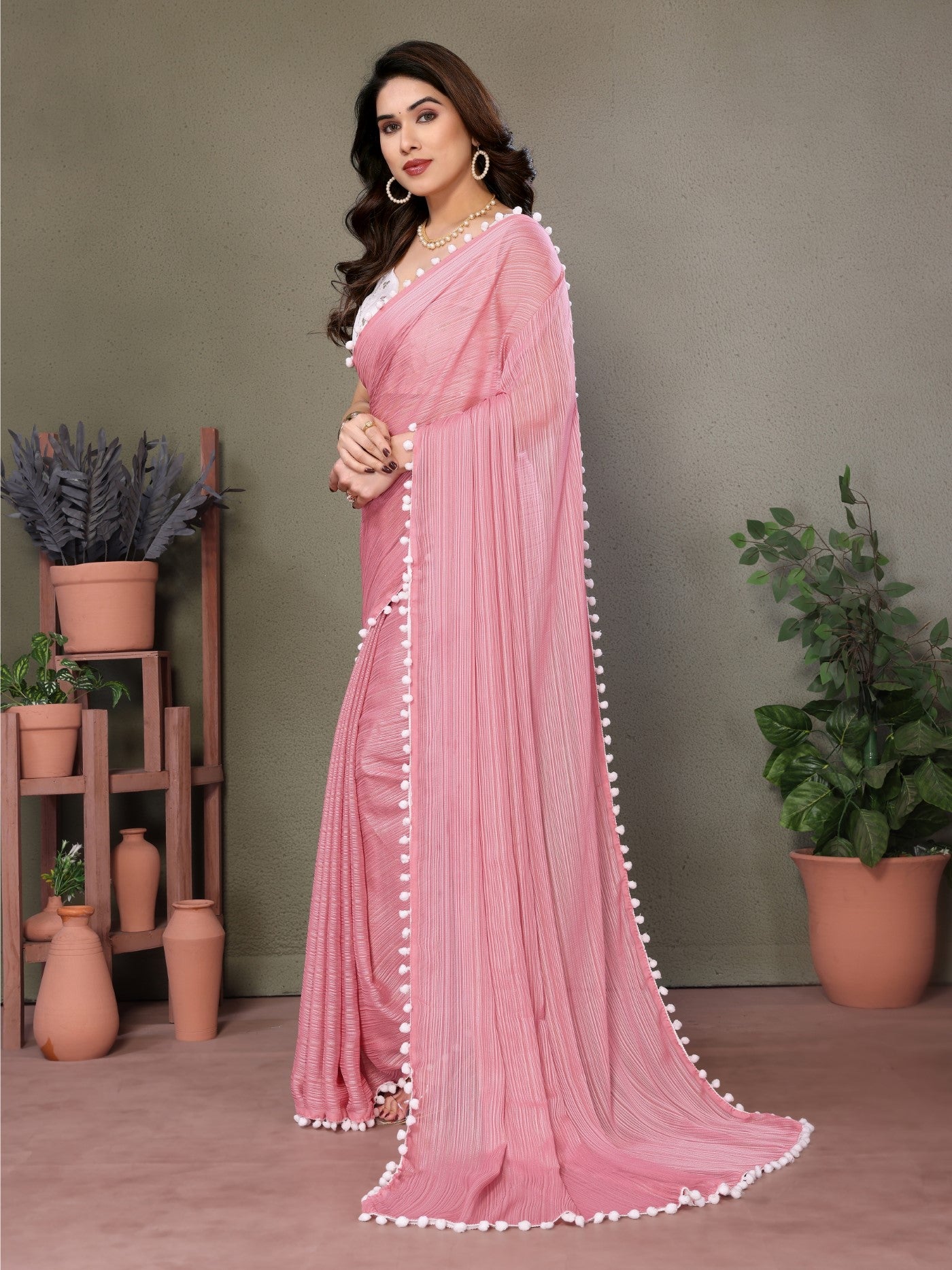 Rose Polyester Zari Saree with Embroidery Work Blouse & Pom-Pom Lace