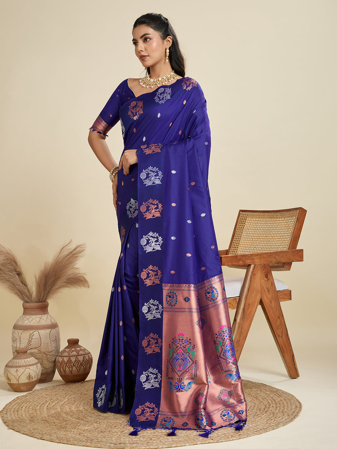 Royal-Blue Banarasi Silk Saree with Silver Butti and Paithani Pallu