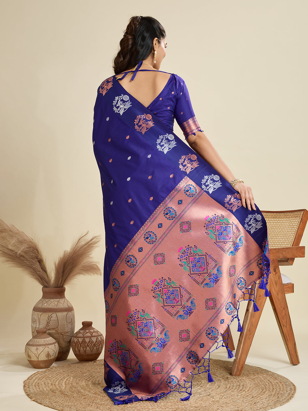 Royal-Blue Banarasi Silk Saree with Silver Butti and Paithani Pallu